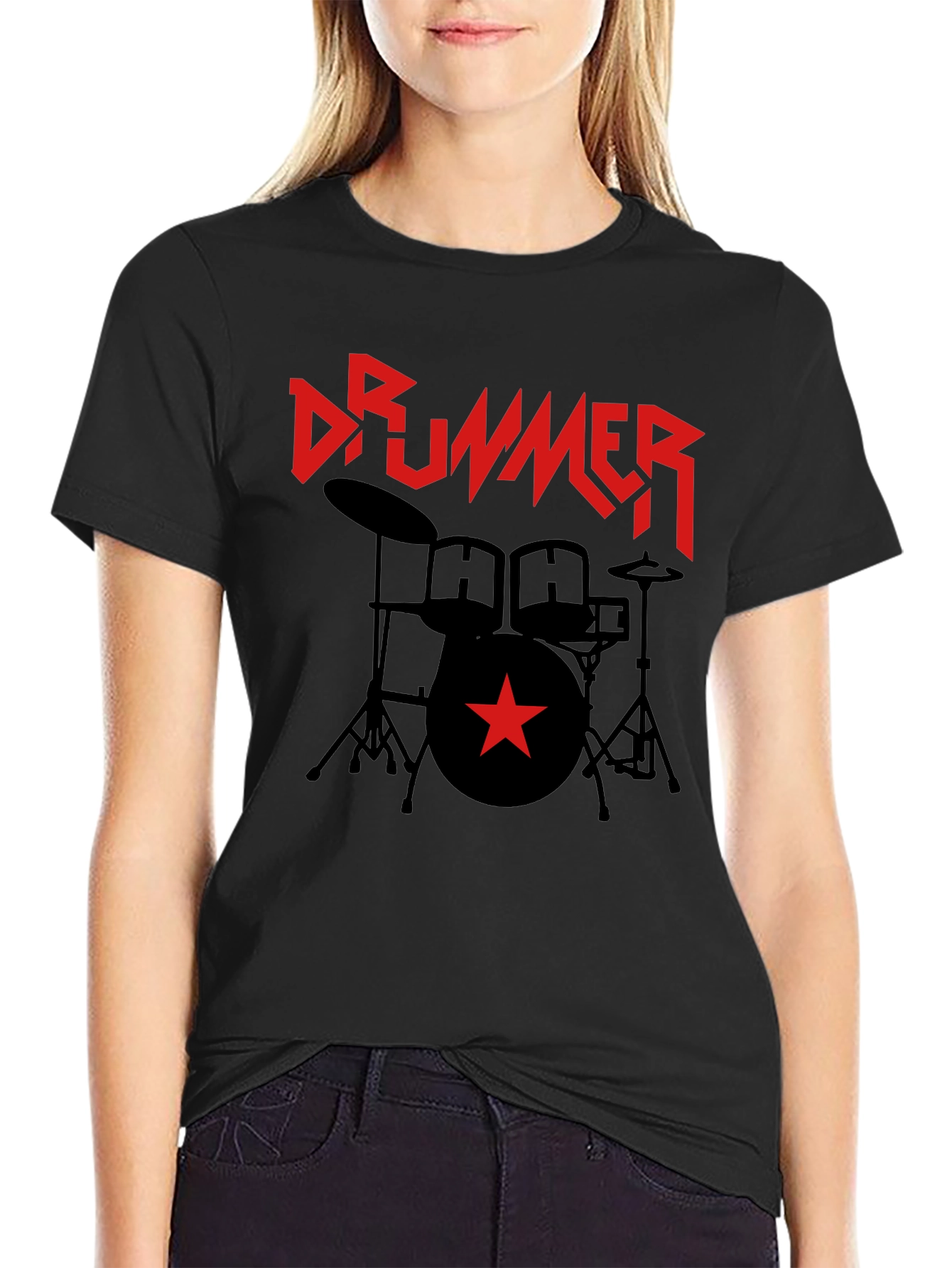 Black Drummer T-Shirt - Black Graphic Tee with Red Star & Drum Set view 2
