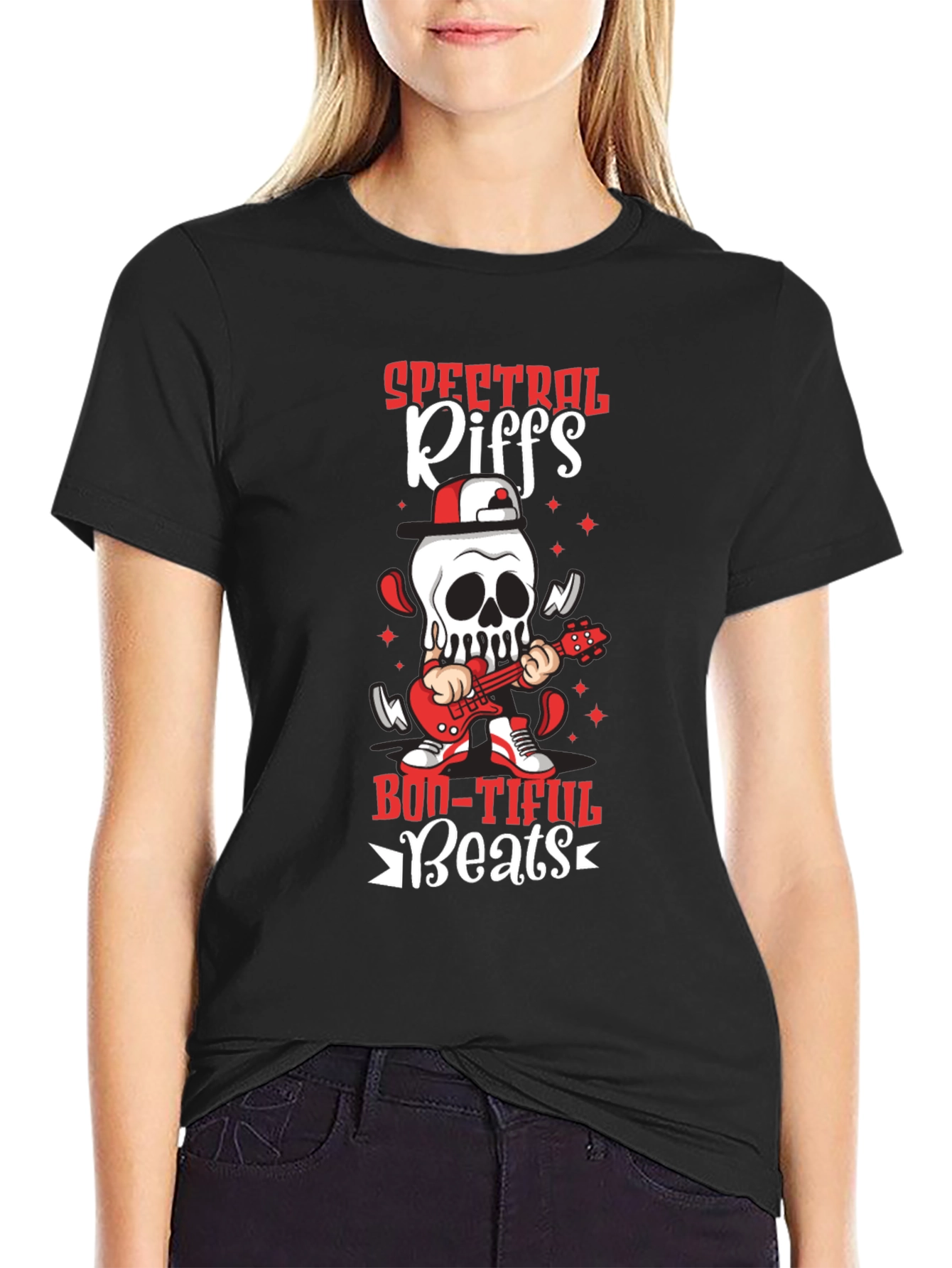 Black Spectral Riffs Boo-Tiful Beats T-Shirt - Rocking Skeleton view 2