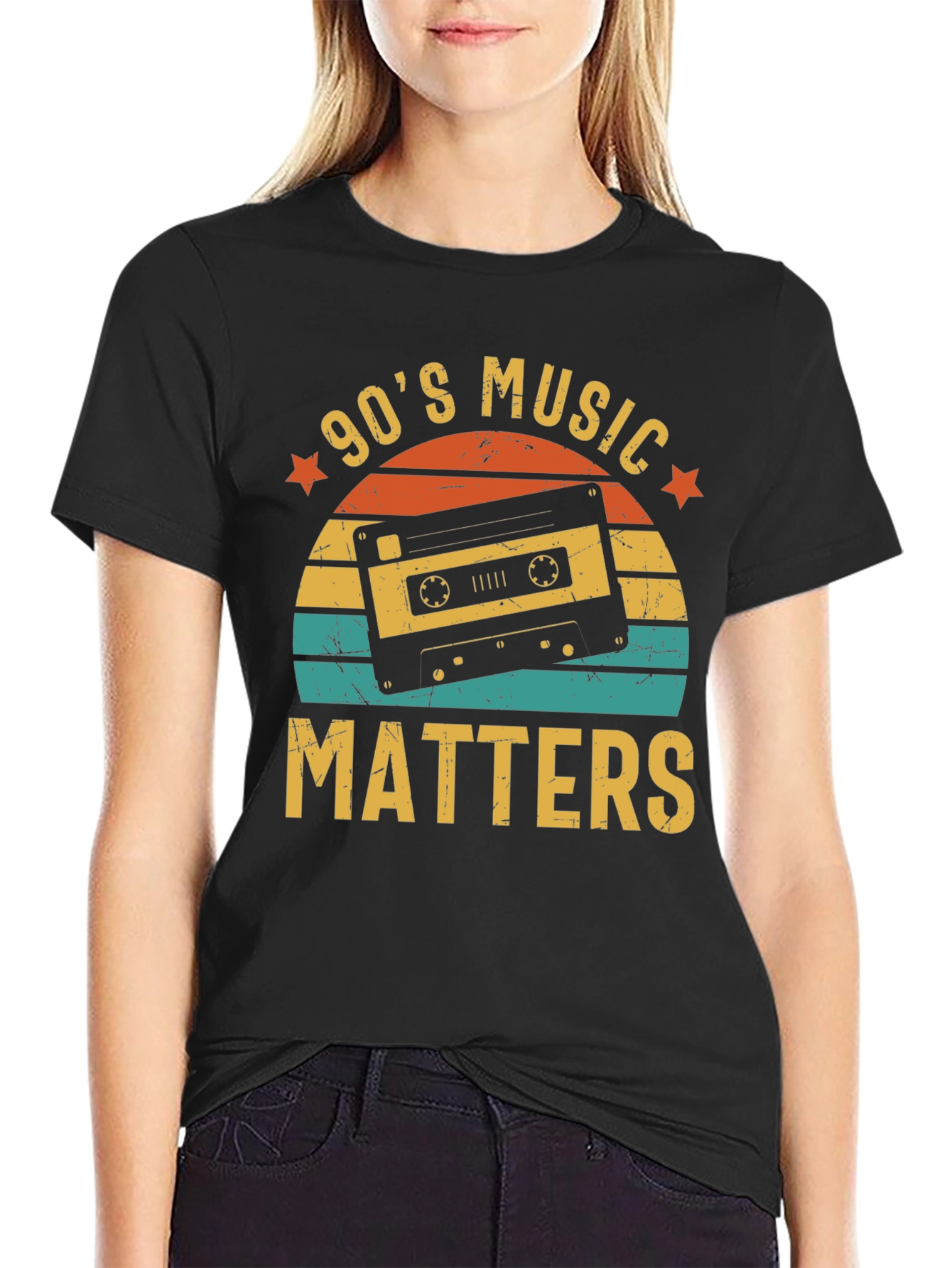 Black 90's Music Matters Retro Cassette Tape T-Shirt view 2