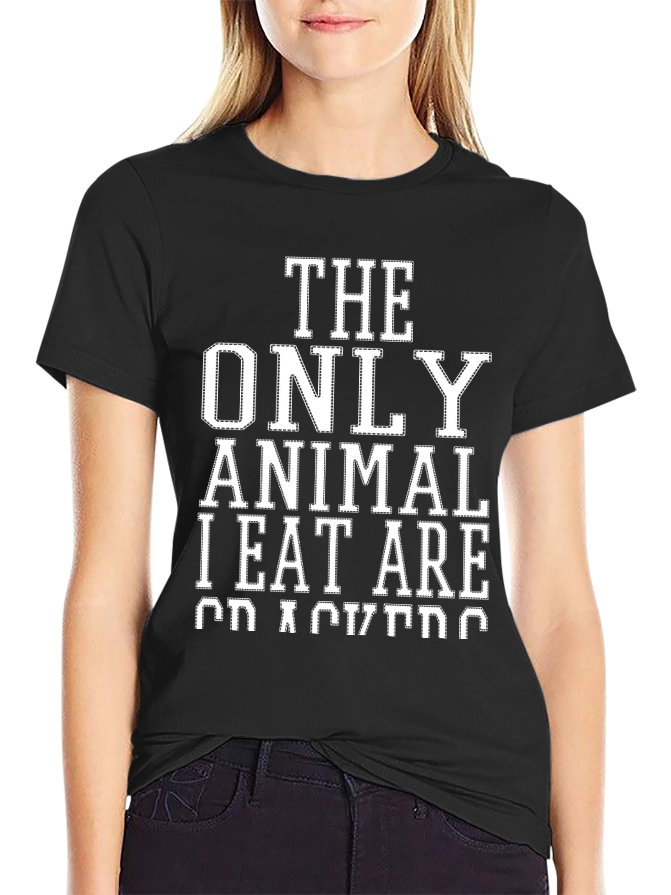 Black Vegan Humor T-Shirt: The Only Animal I Eat Are Crackers view 2
