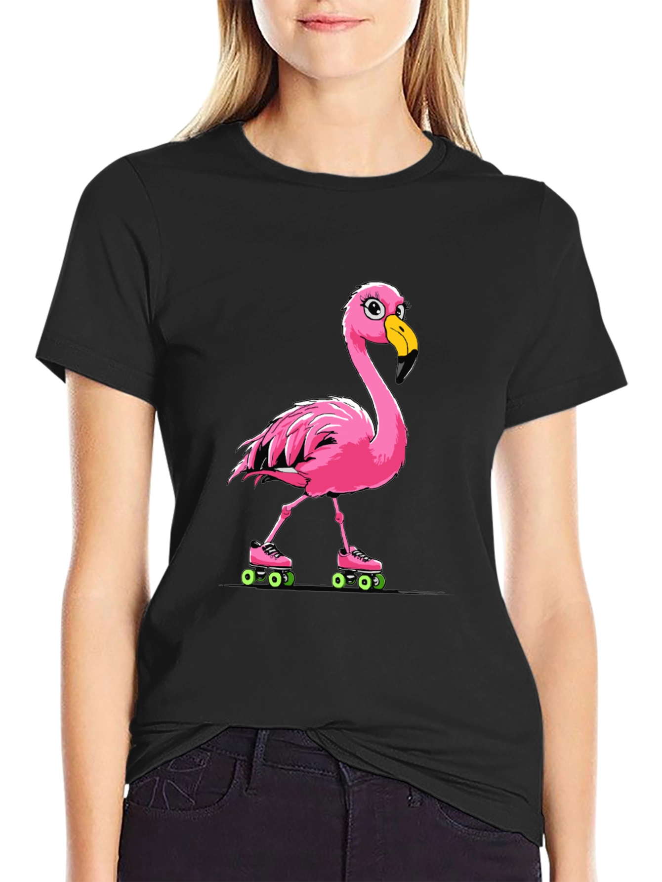 Black Flamingo Roller Skate T-Shirt view 2