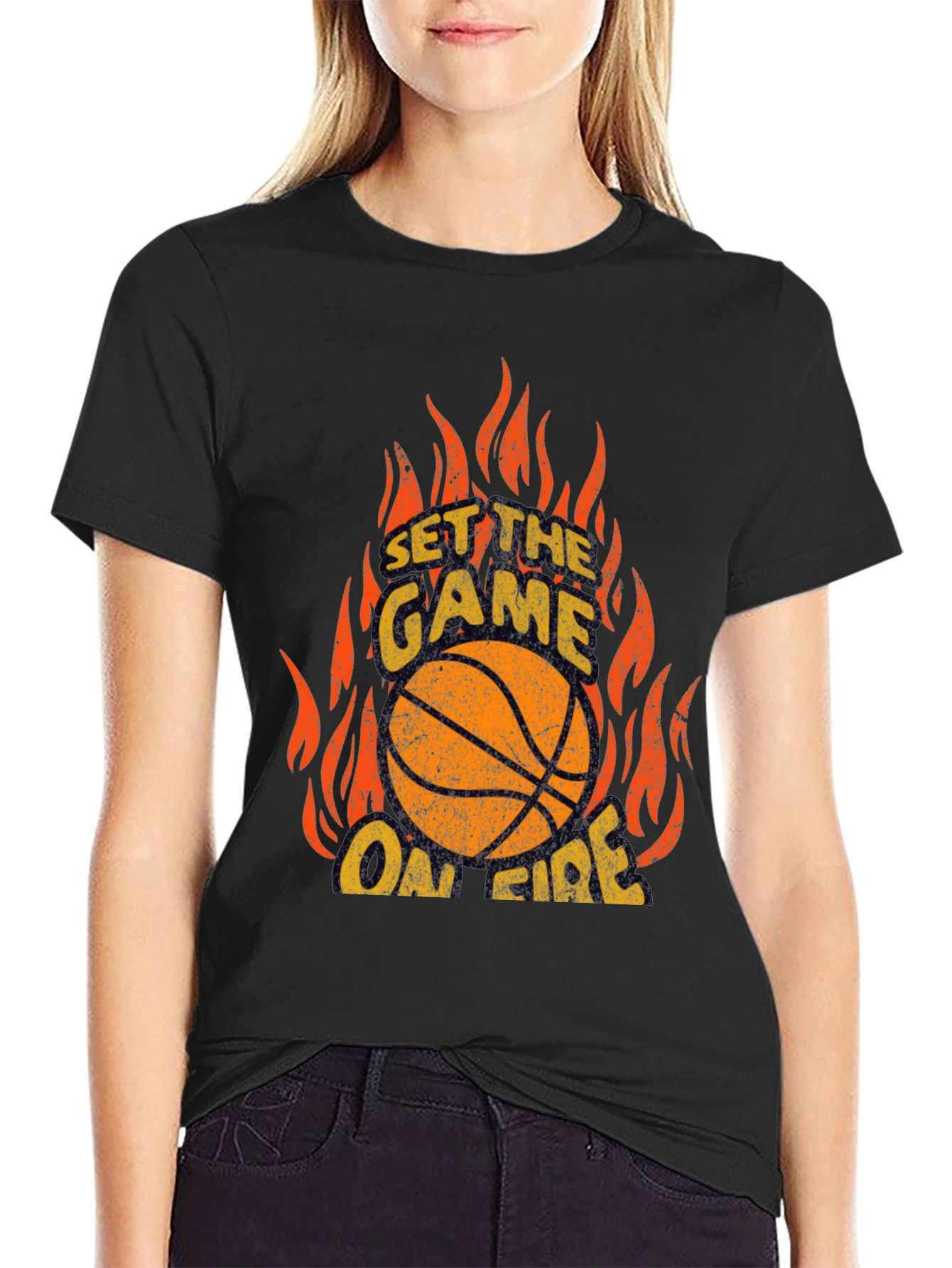 Black Set the Game On Fire Basketball Graphic Tee view 2