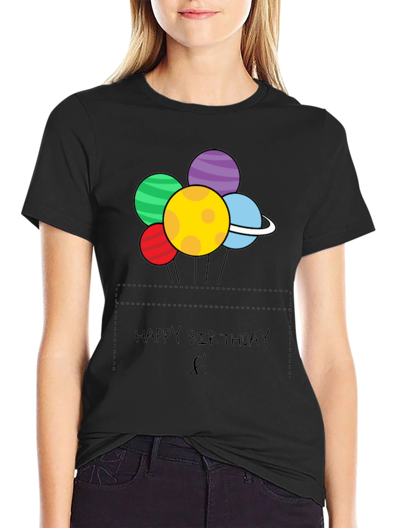 Black Happy Birthday Planet Balloons Graphic Tee view 2