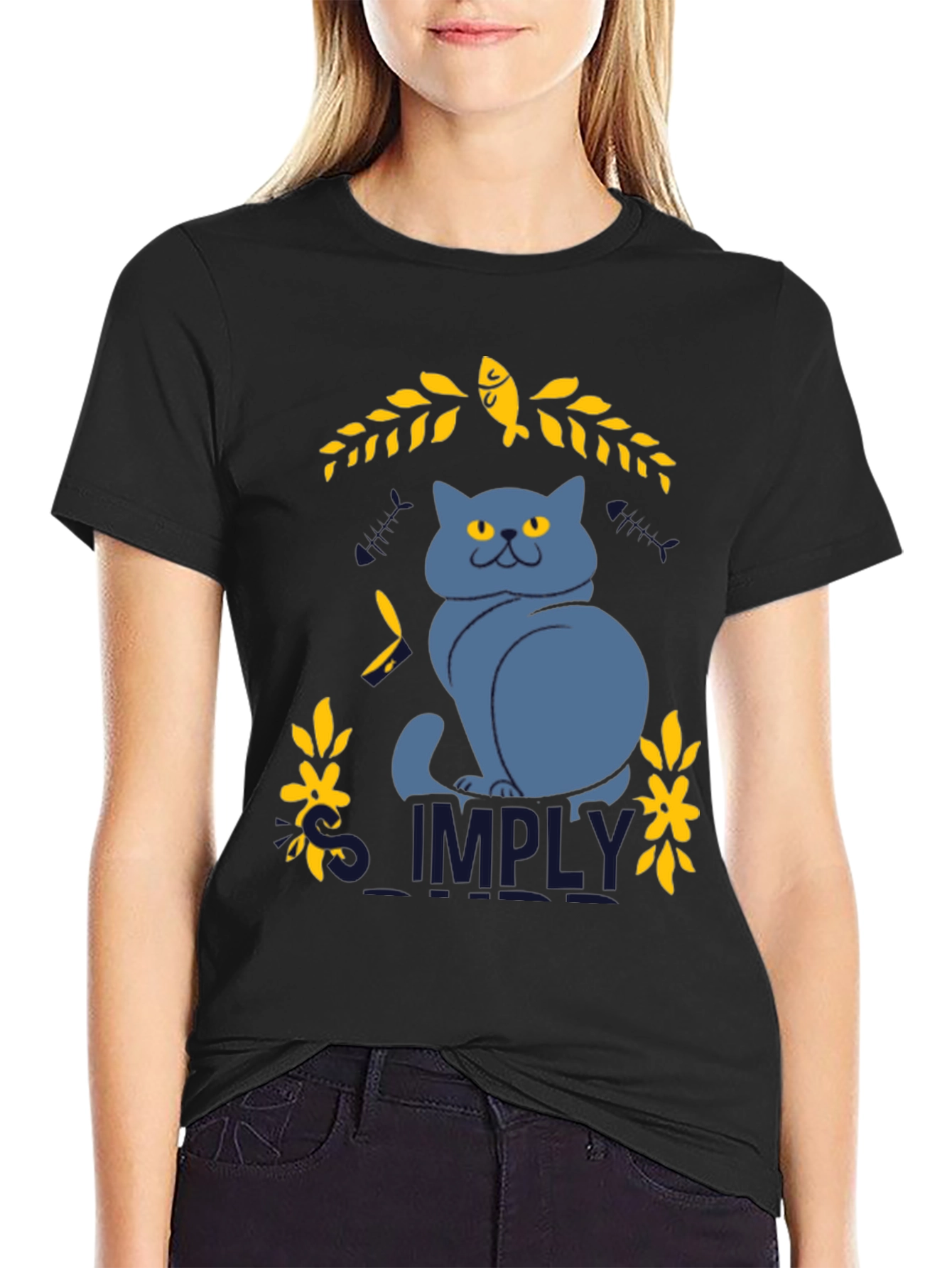 Black Simply Cat Graphic Tee - Black Cotton T-Shirt view 2