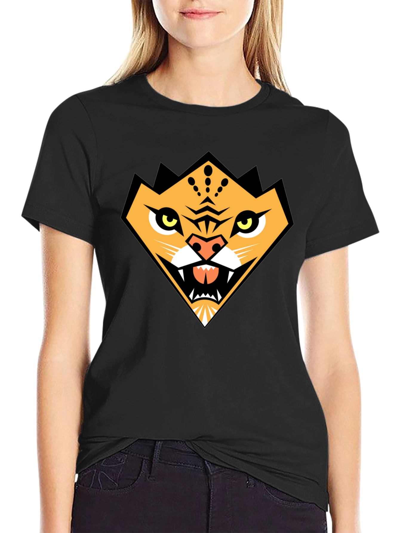 Black Geometric Tiger Graphic Tee - Black Cotton Comfort view 2