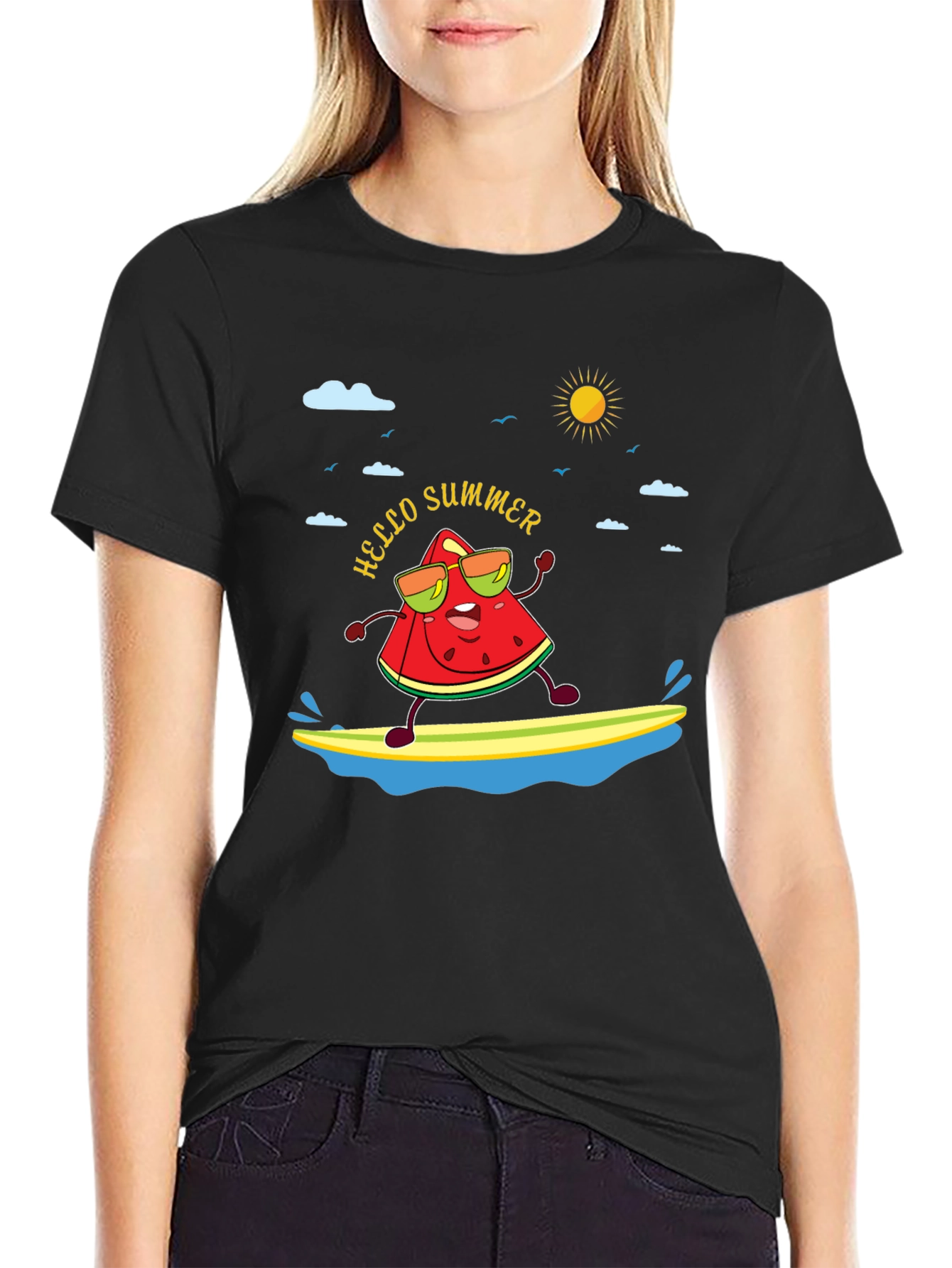Black Hello Summer Watermelon Surfing T-Shirt view 2