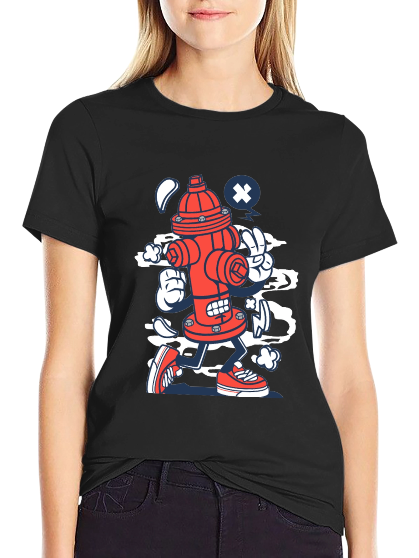 Black Cartoon Fire Hydrant Graphic Tee - Black Cotton Shirt view 2