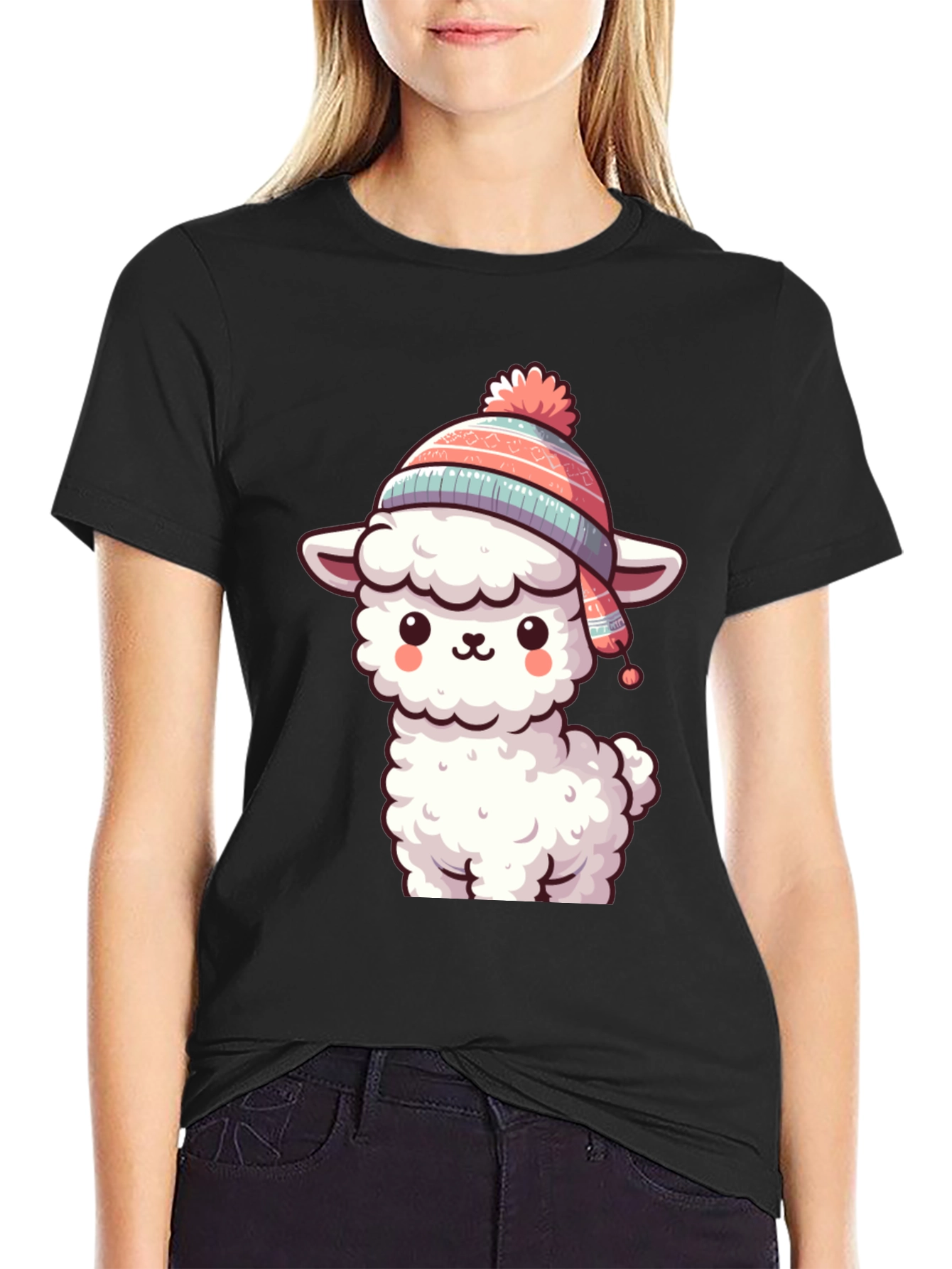 Black Cute Llama in Hat Graphic Tee view 2