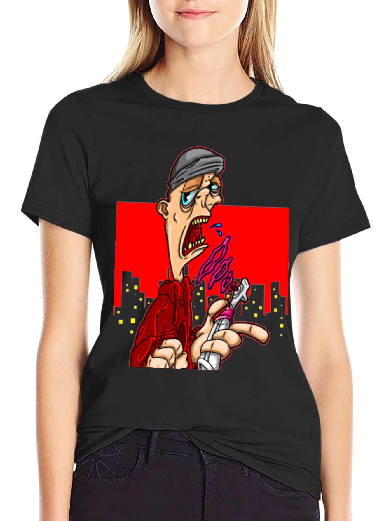 Black Edgy Cartoon Graphic T-Shirt - Urban Style view 2