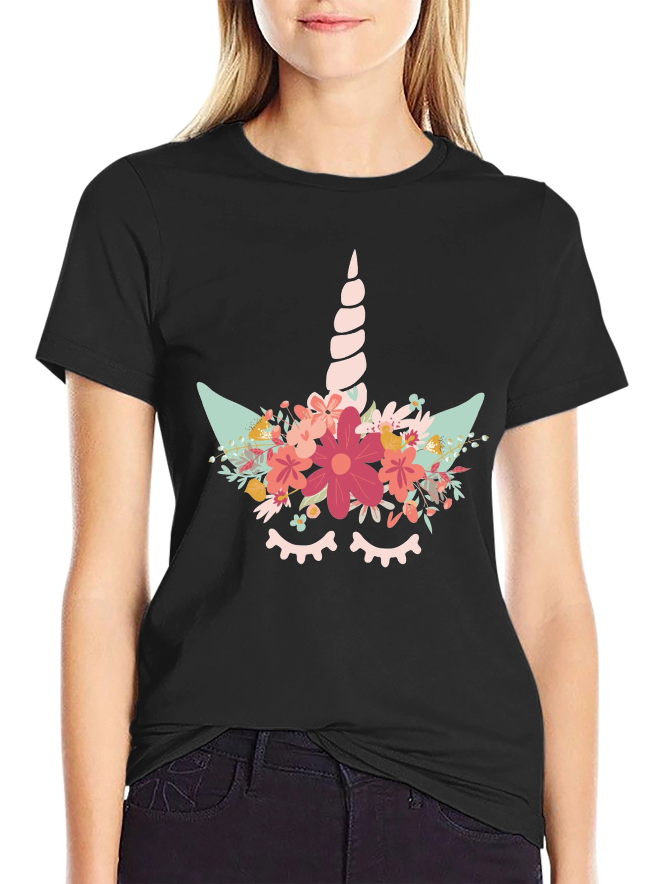 Black Unicorn Floral Graphic Tee - Black view 2