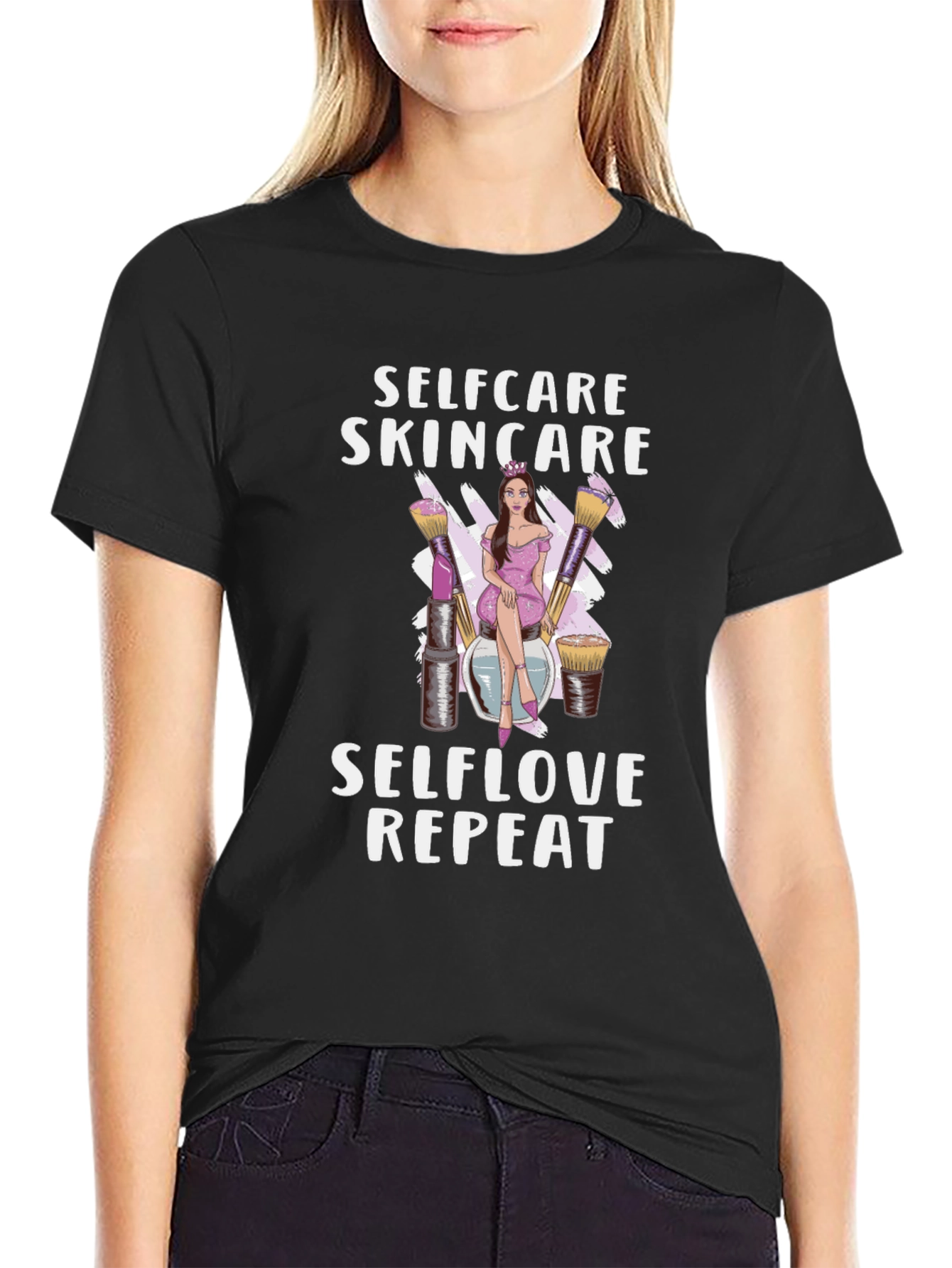Black Selfcare Skincare T-Shirt: Selflove Repeat Design view 2