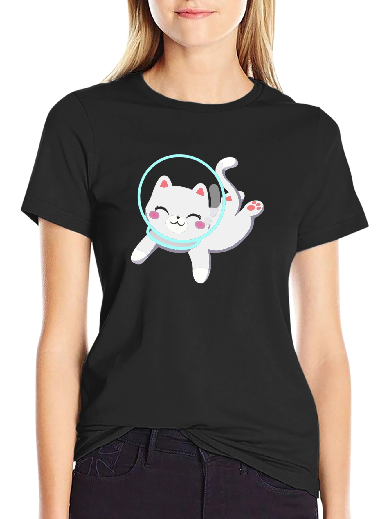 Black Astronaut Cat Black T-Shirt - Cute Space Kitty Design view 2