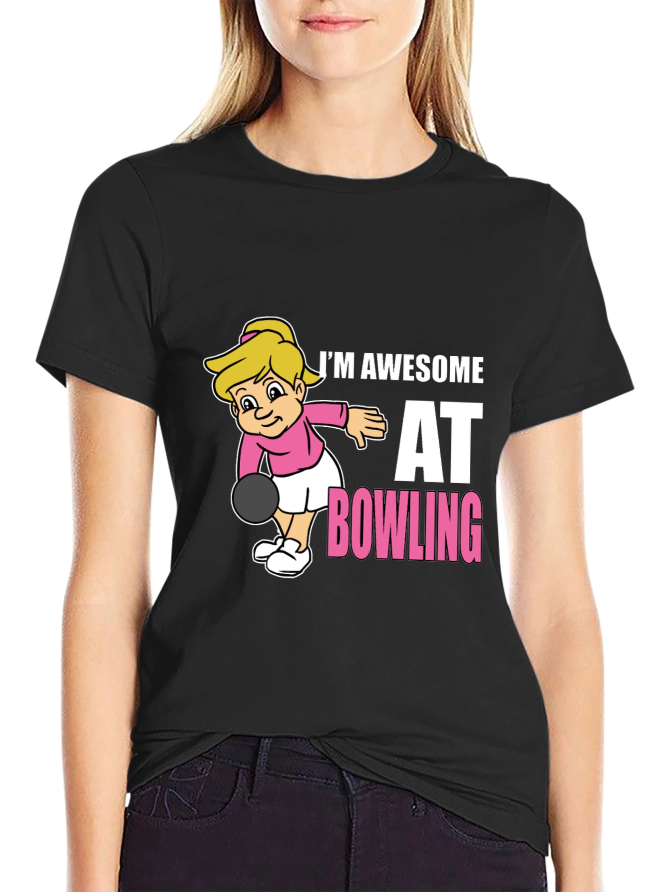 Black Awesome Bowler T-Shirt - Cartoon Girl Bowling Design view 2