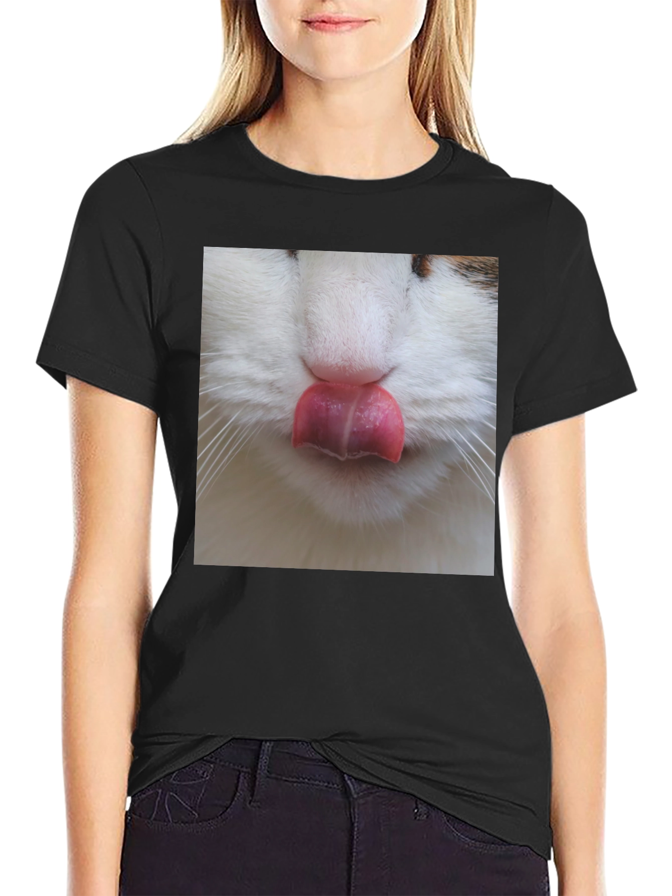 Black Funny Cat Tongue T-Shirt - Black Graphic Tee view 2