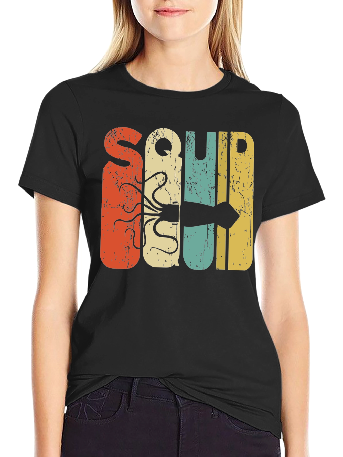 Black Retro Squid Graphic Tee - Black Cotton T-Shirt view 2