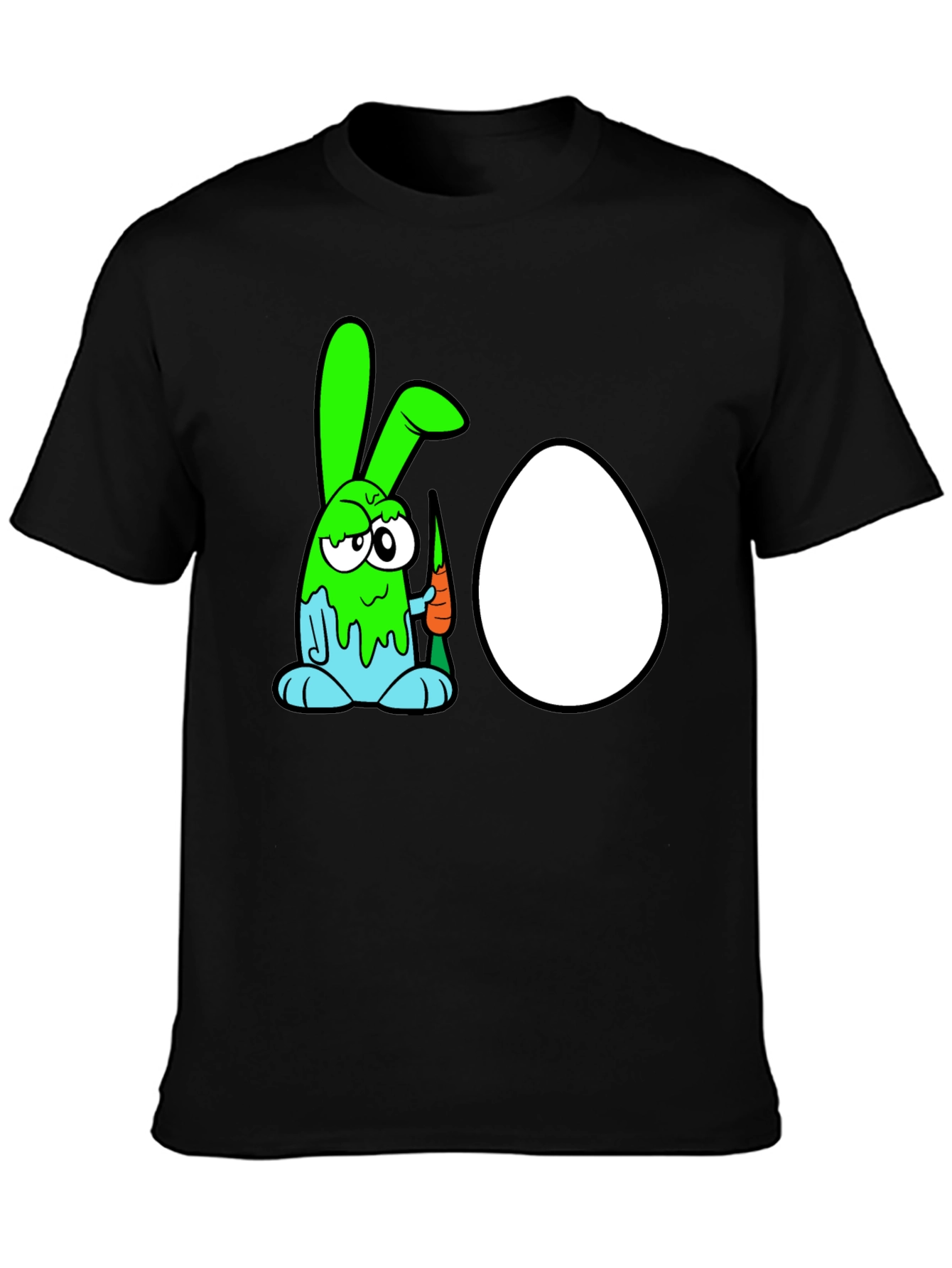 Black Funny Cartoon Bunny & Egg Graphic Black T-Shirt view 3
