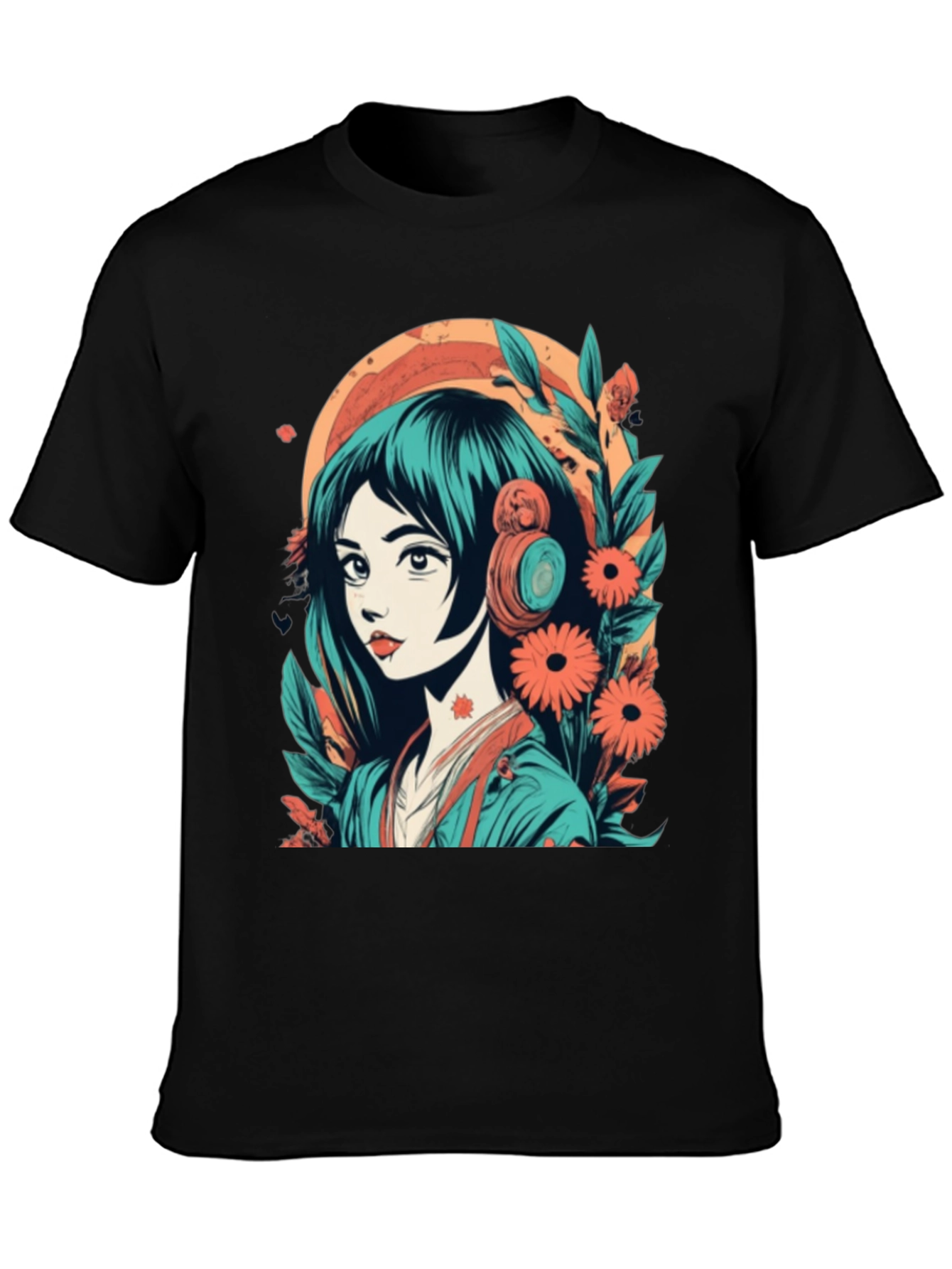 Black Anime Girl Graphic Tee - Floral & Headphones Design view 3