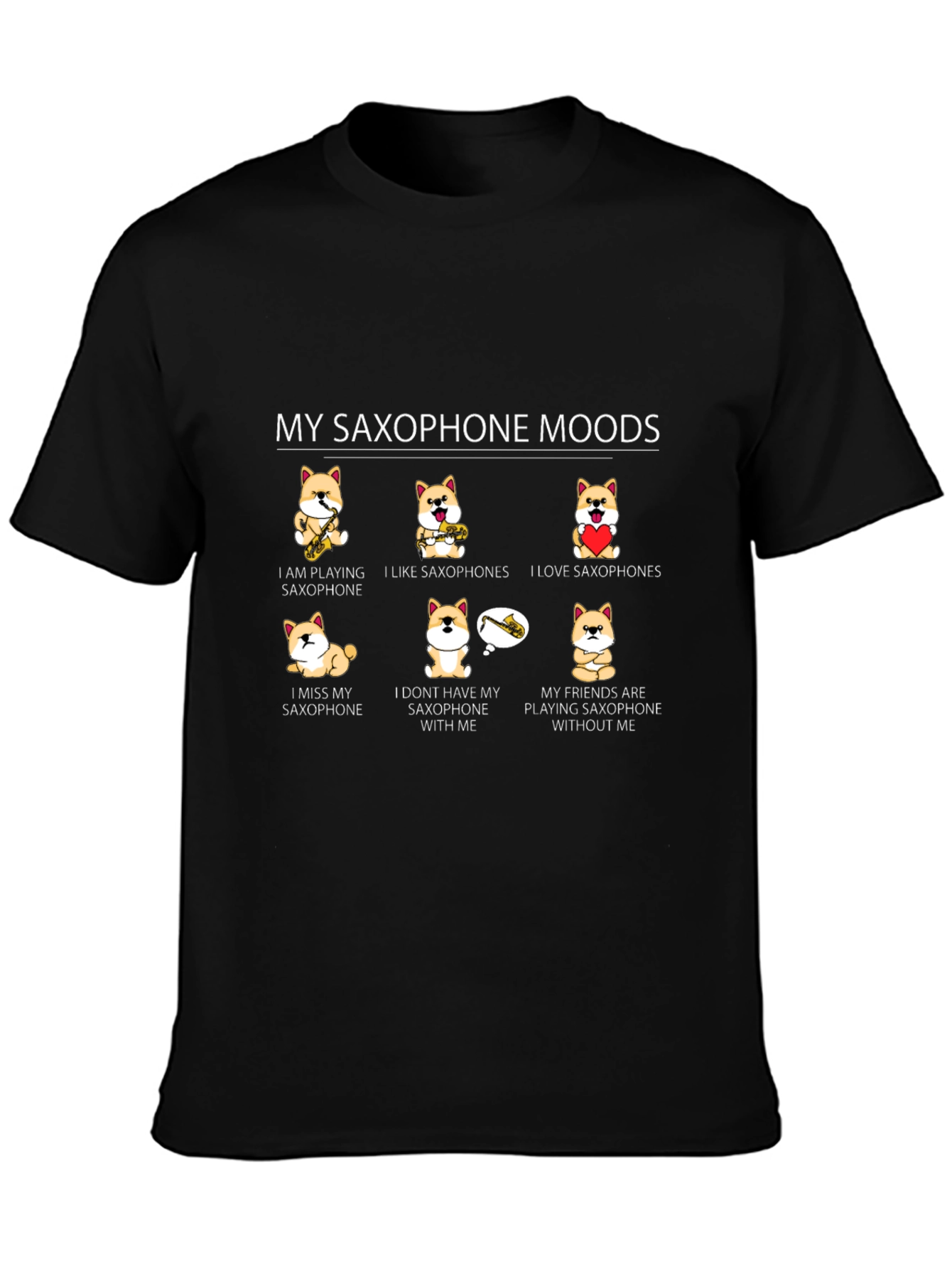 Black My Saxophone Moods T-Shirt - Shiba Inu Saxophone Lover Tee view 3