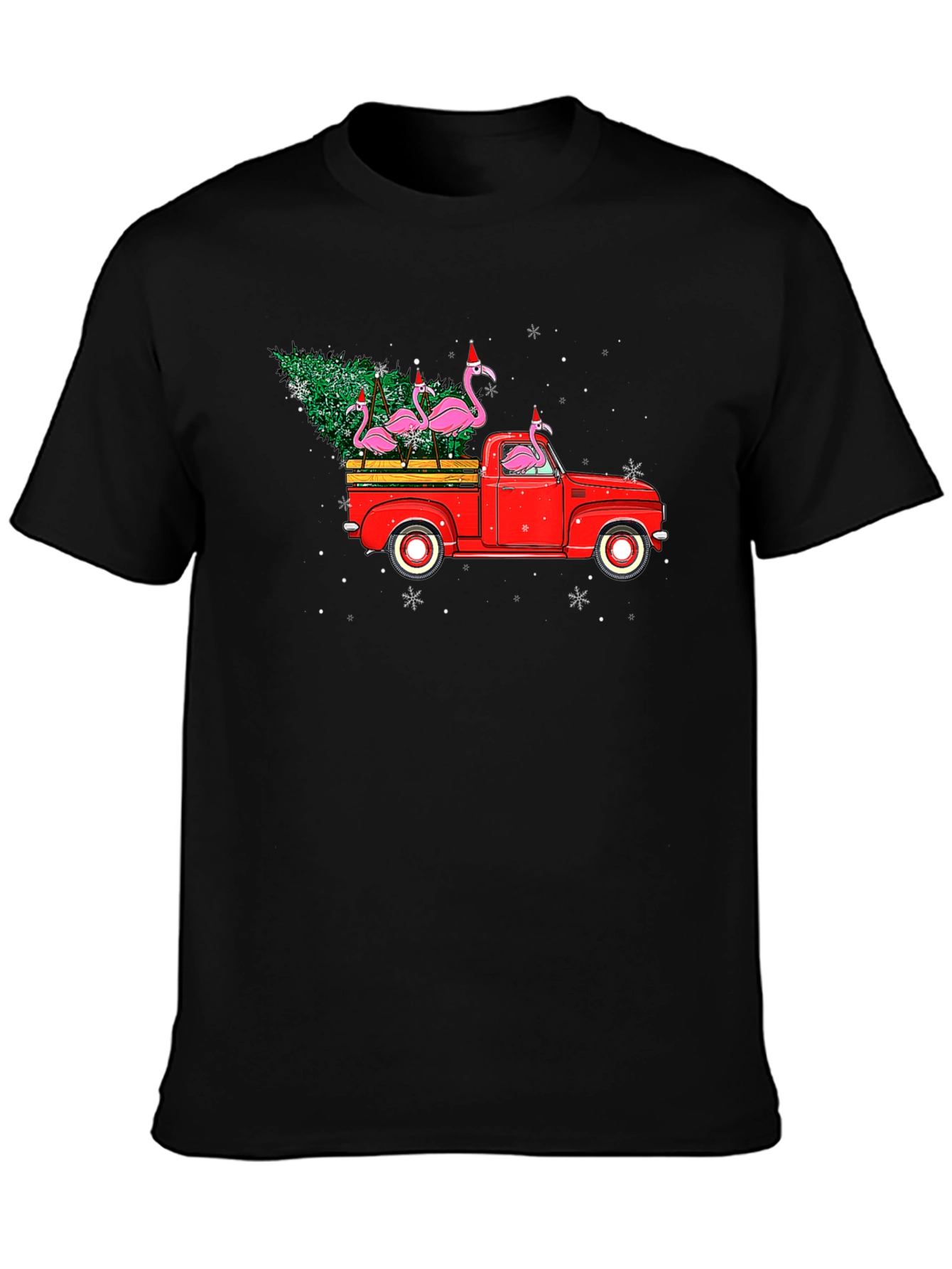 Black Flamingo Christmas Truck T-Shirt view 3