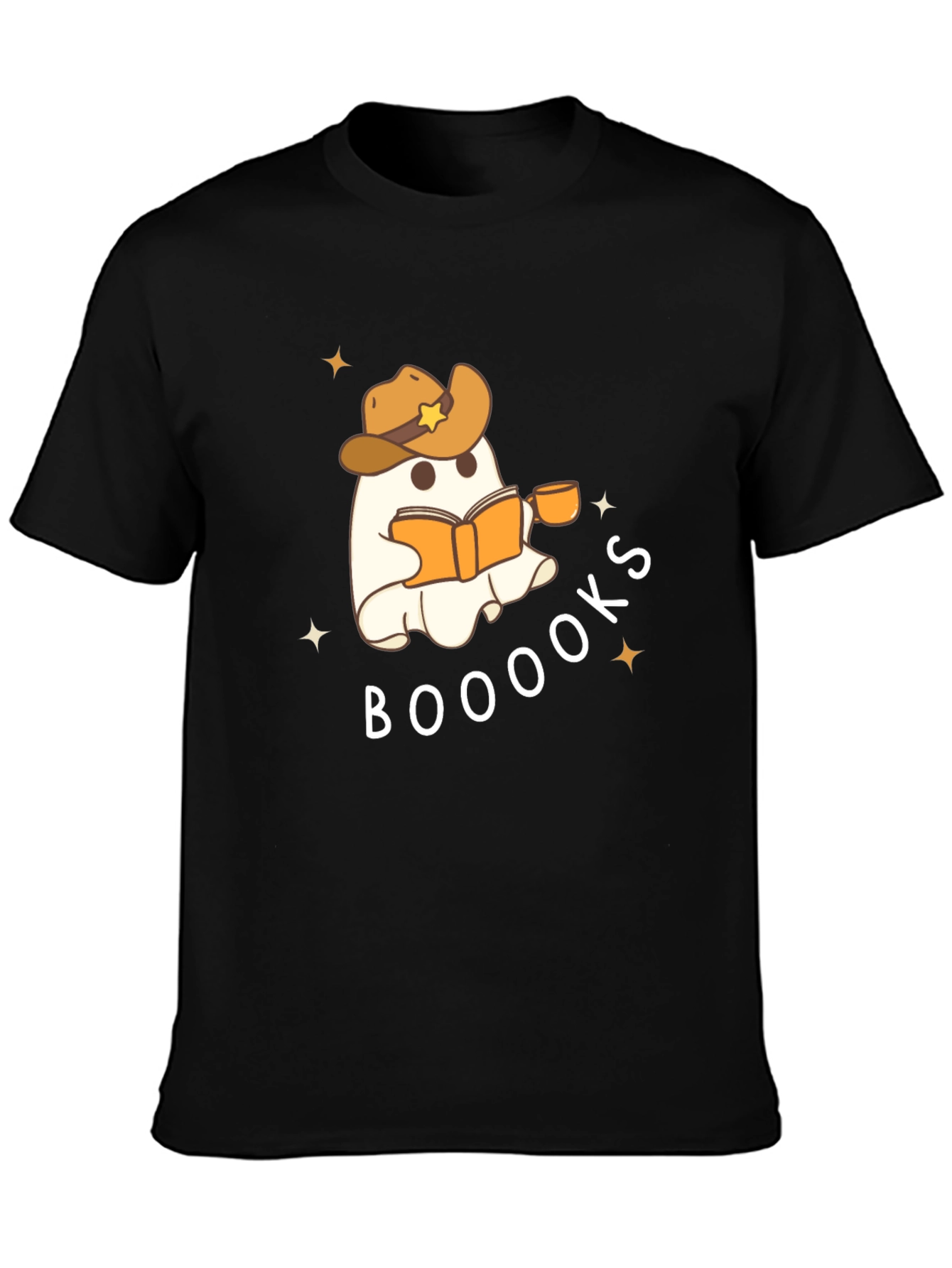 Black Booooks Ghost Reading Cowboy Hat T-Shirt view 3