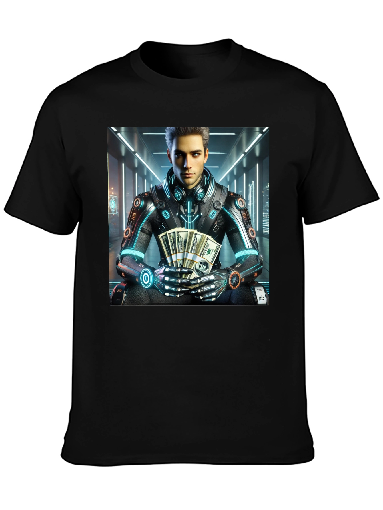 Black Cyberpunk Rich Guy T-Shirt - Futuristic Style view 3