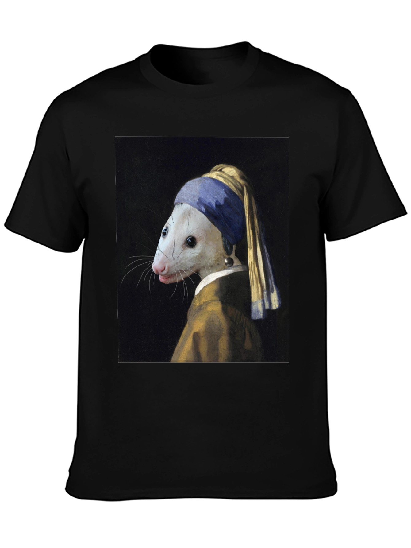 Black Opossum with Pearl Earring T-Shirt - Funny Art Tee view 3