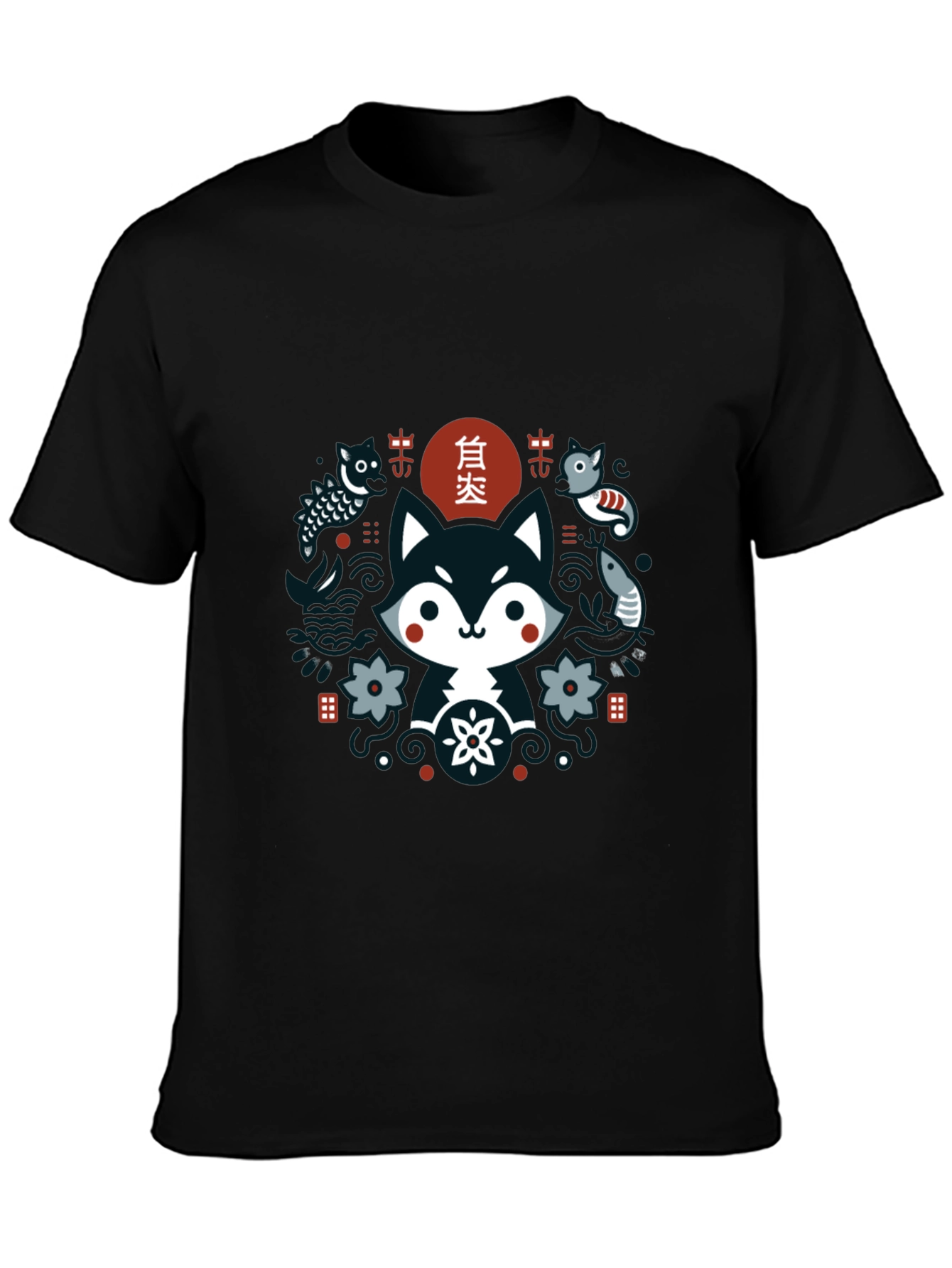 Black Cute Asian Inspired Fox Graphic T-Shirt - Black view 3
