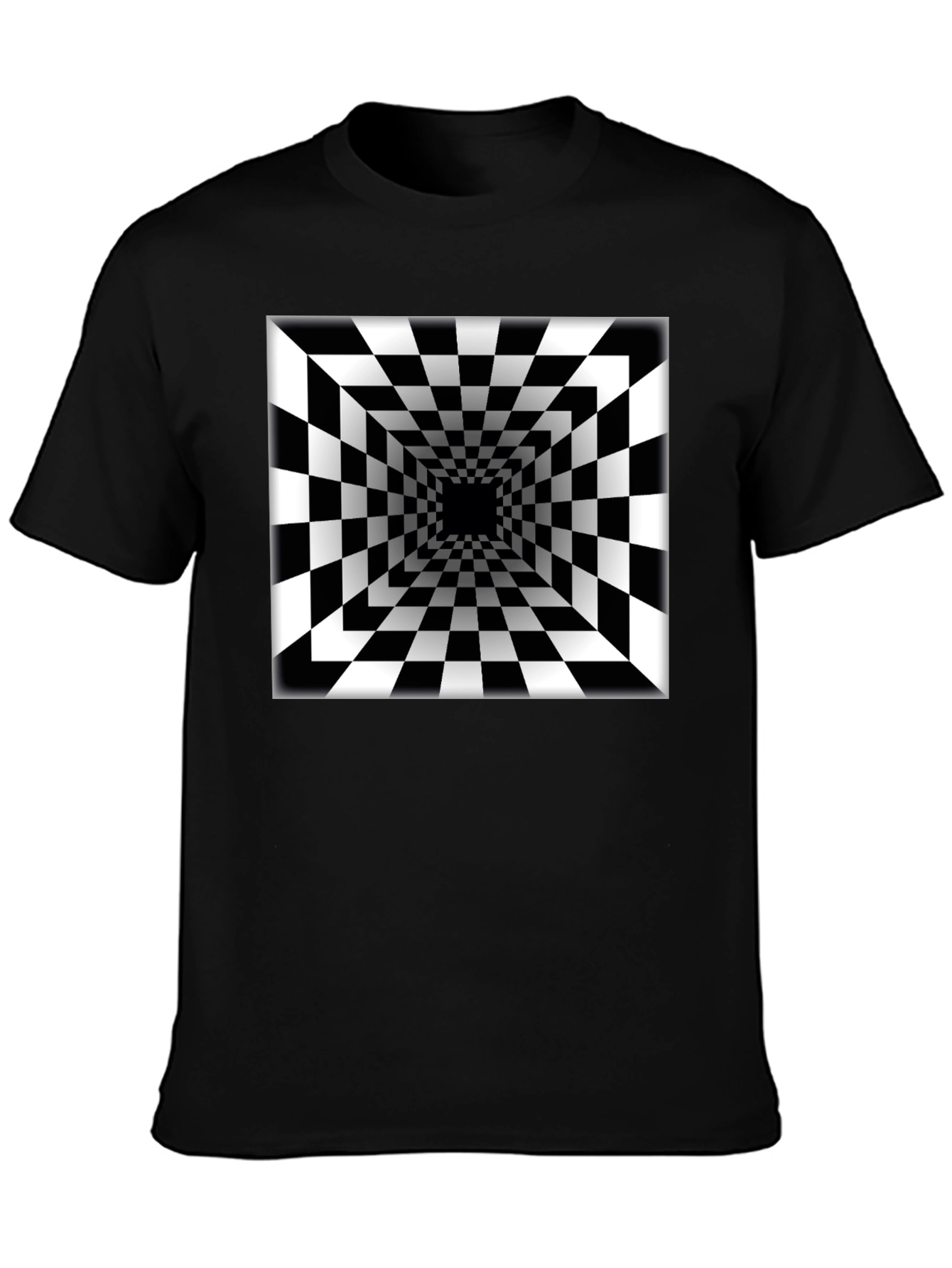 Black Optical Illusion Checkerboard Tunnel Black T-Shirt view 3