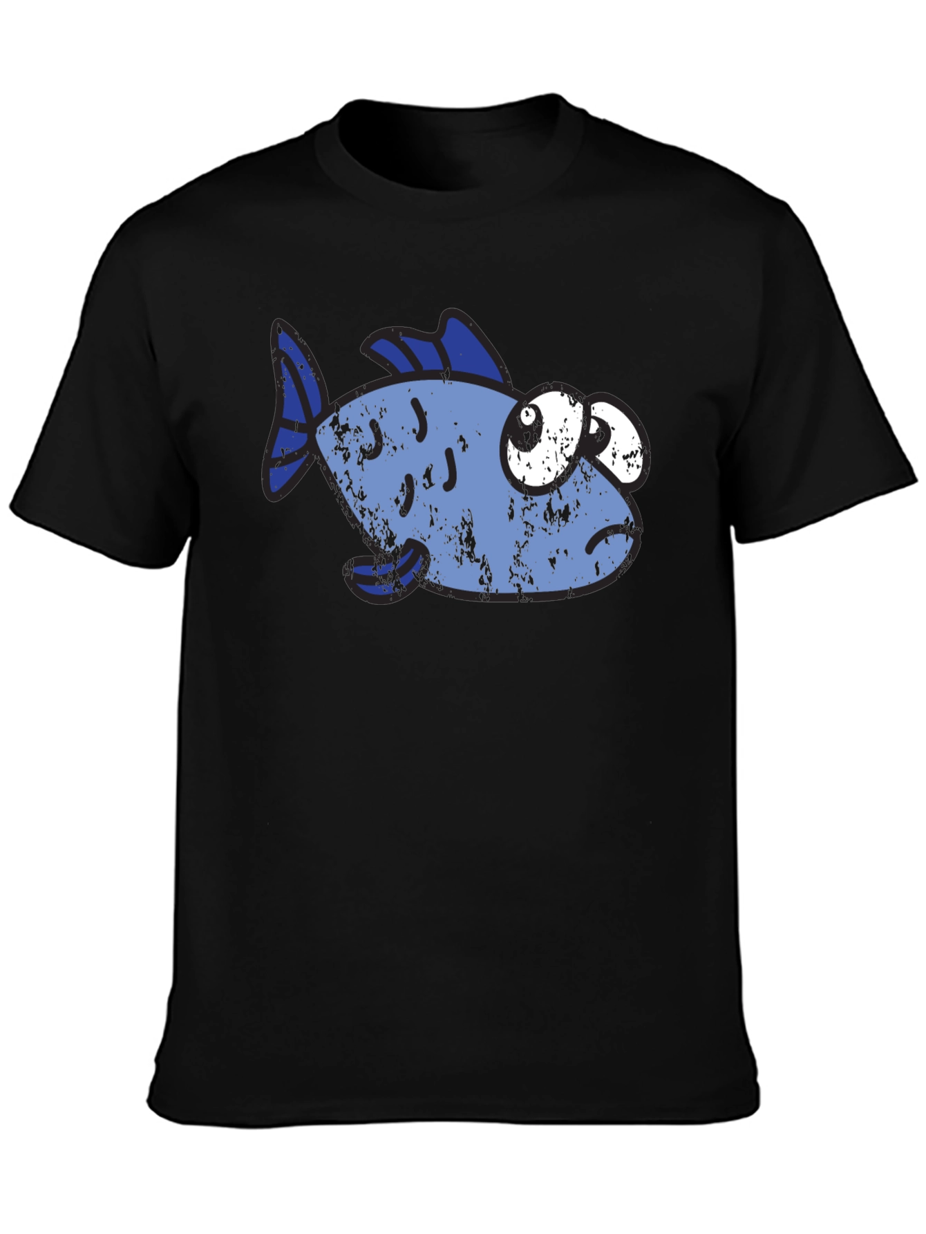 Black Funny Distressed Cartoon Fish Graphic T-Shirt view 3