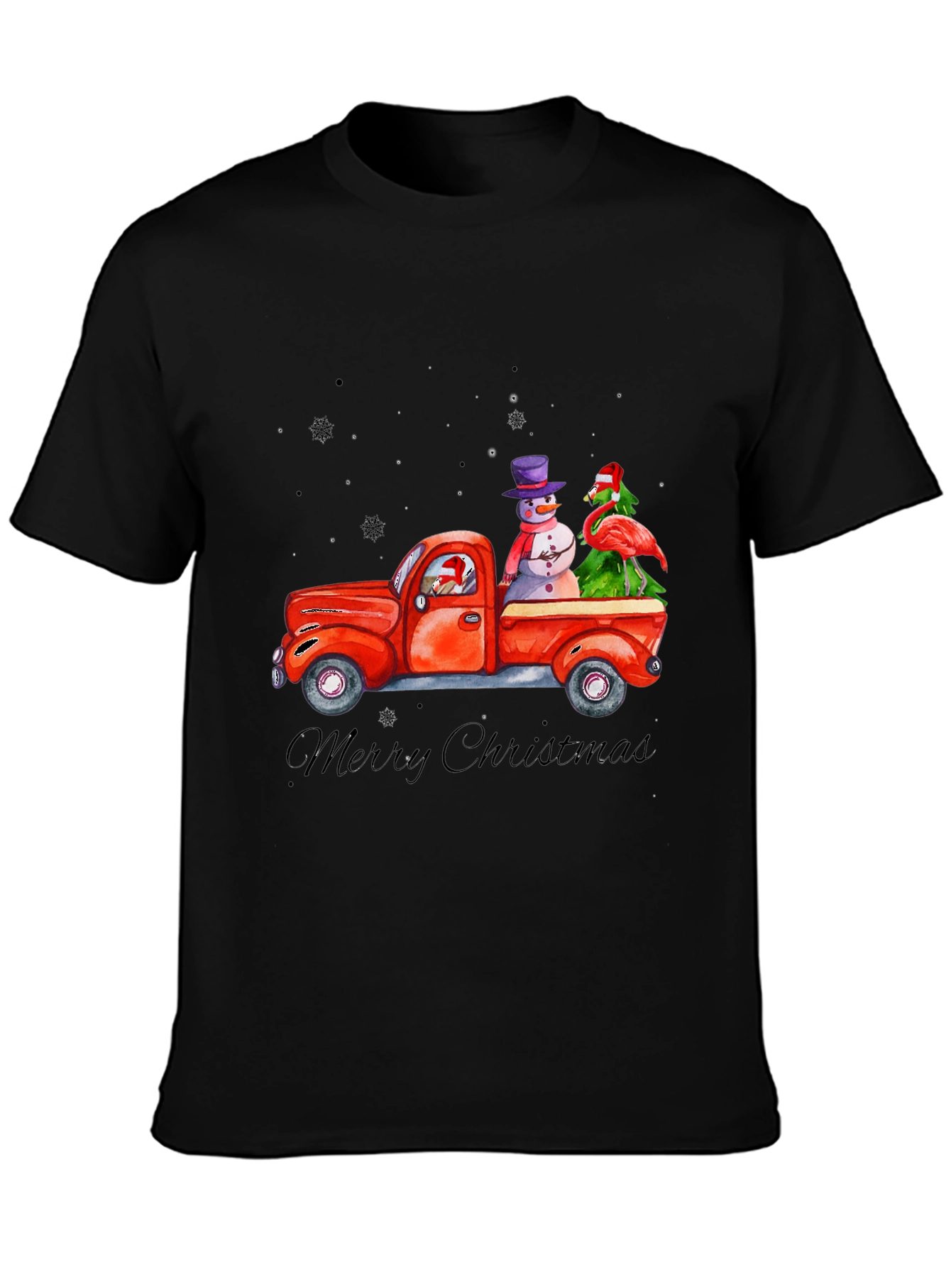 Black Christmas Truck T-Shirt with Snowman & Flamingo view 3