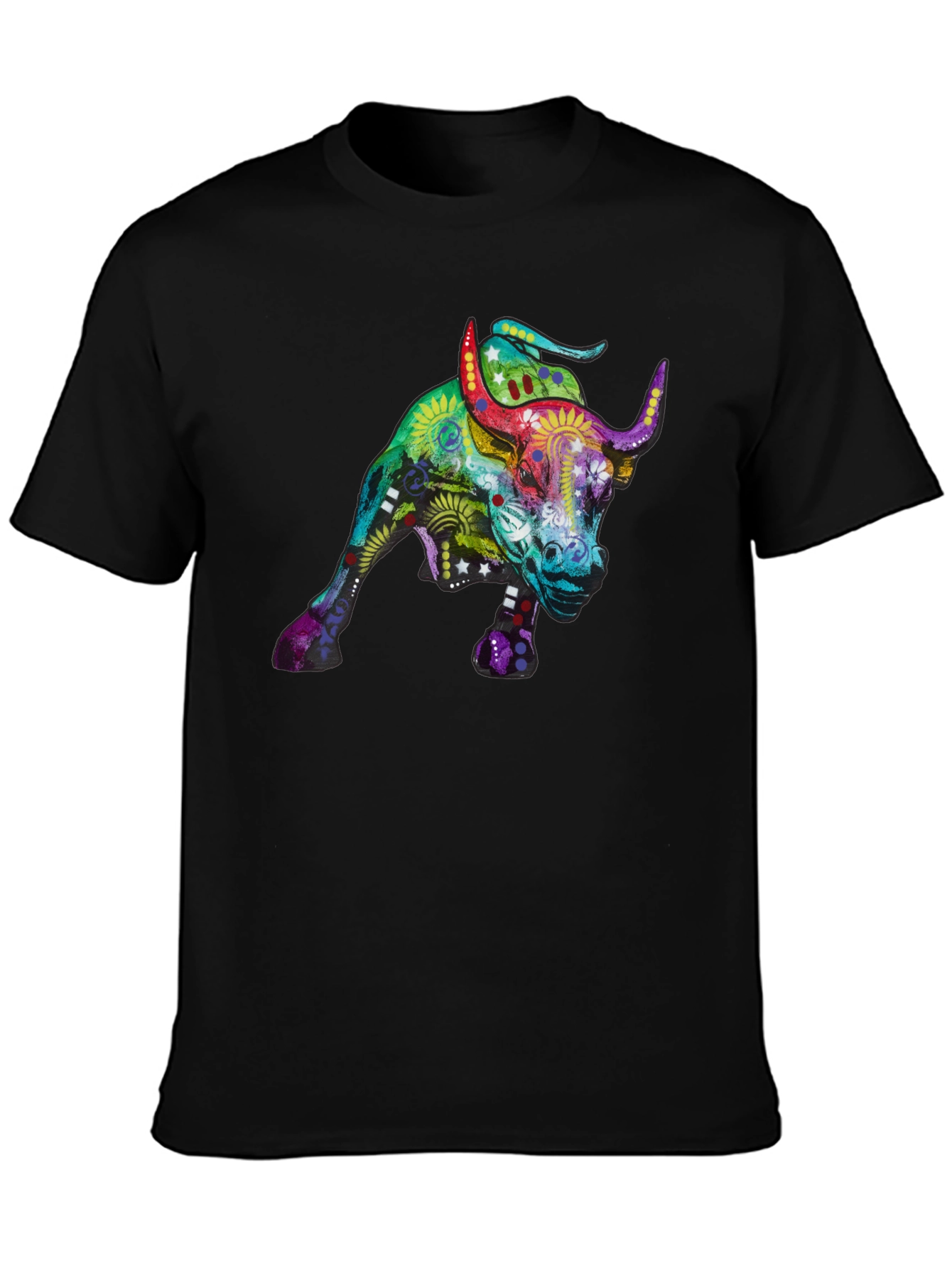 Black Colorful Bull Graphic Print Black T-Shirt view 3