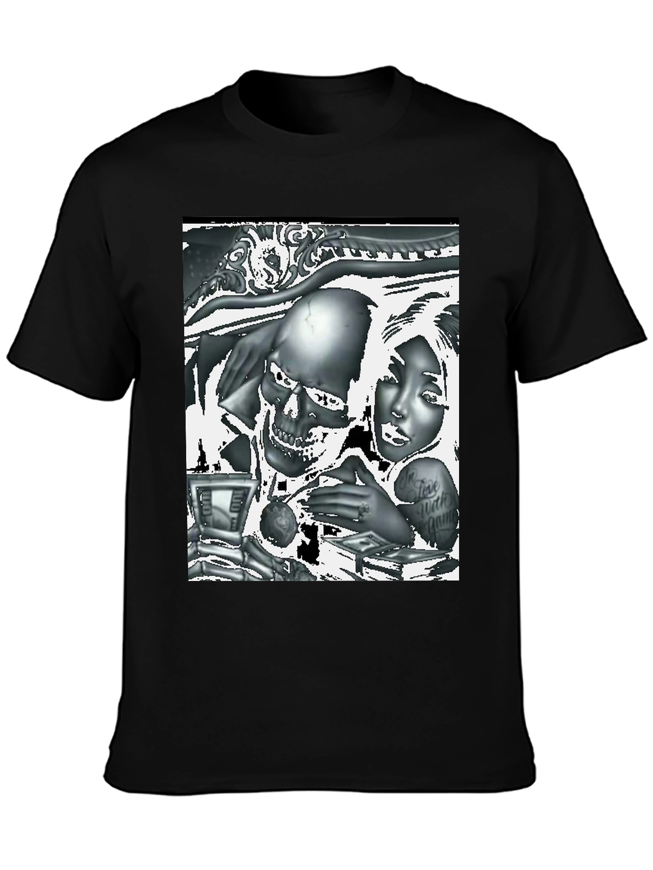 Black Skull and Woman Graphic Tee - Black view 3