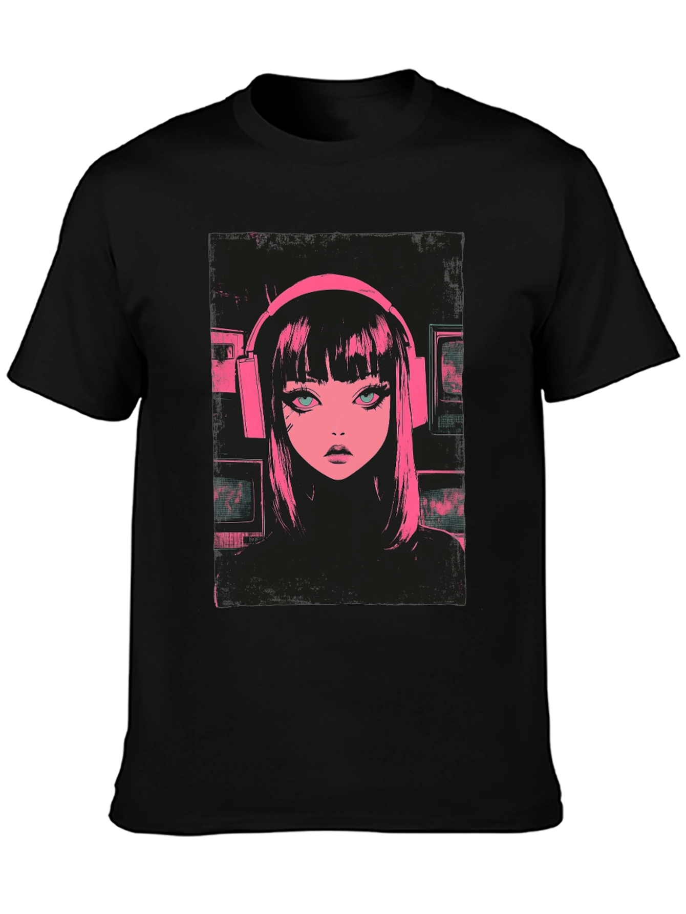 Black Anime Girl Pink Headphones Black T-Shirt view 3