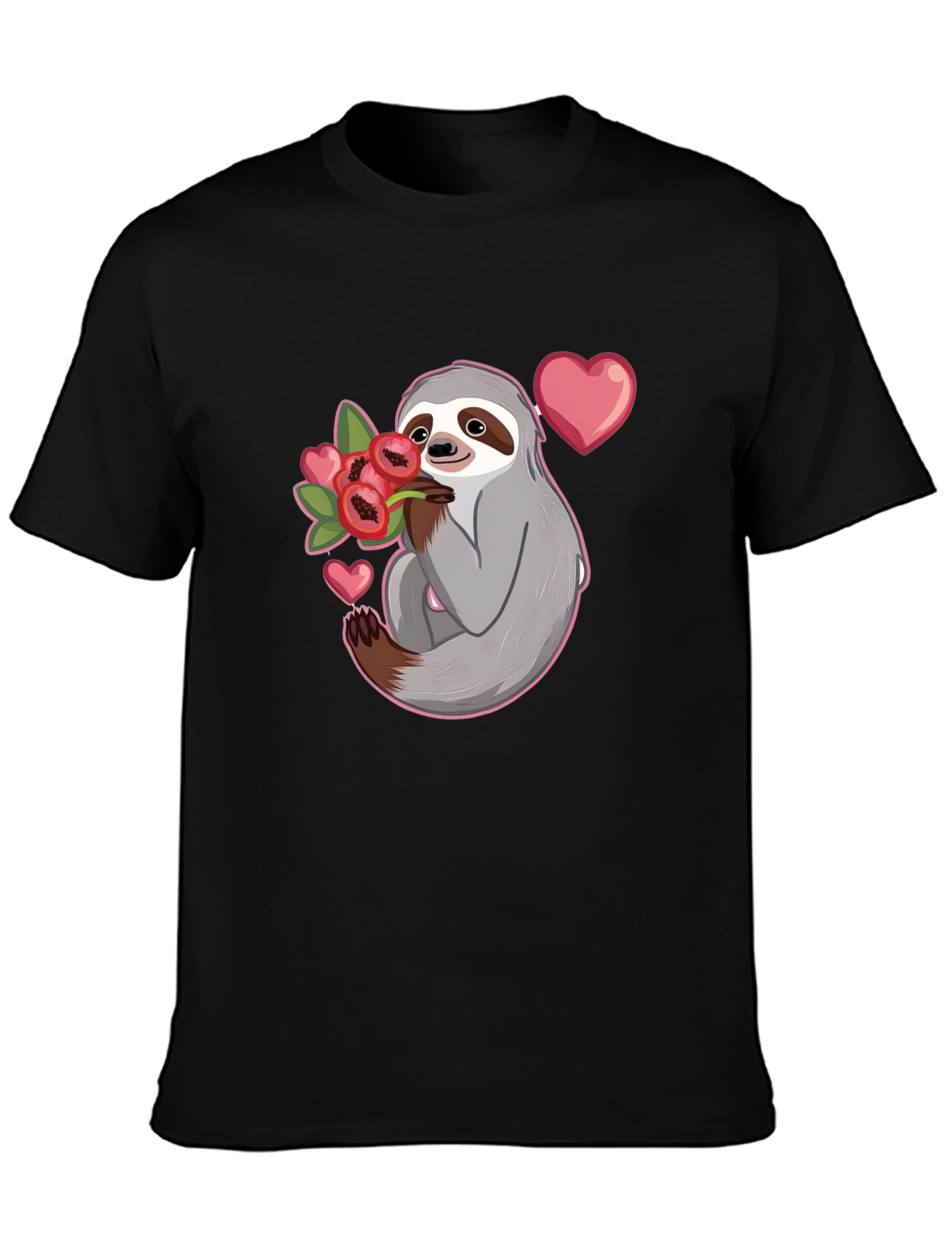 Black Sloth Holding Flowers T-Shirt - Cute Valentine's Day Gift view 3