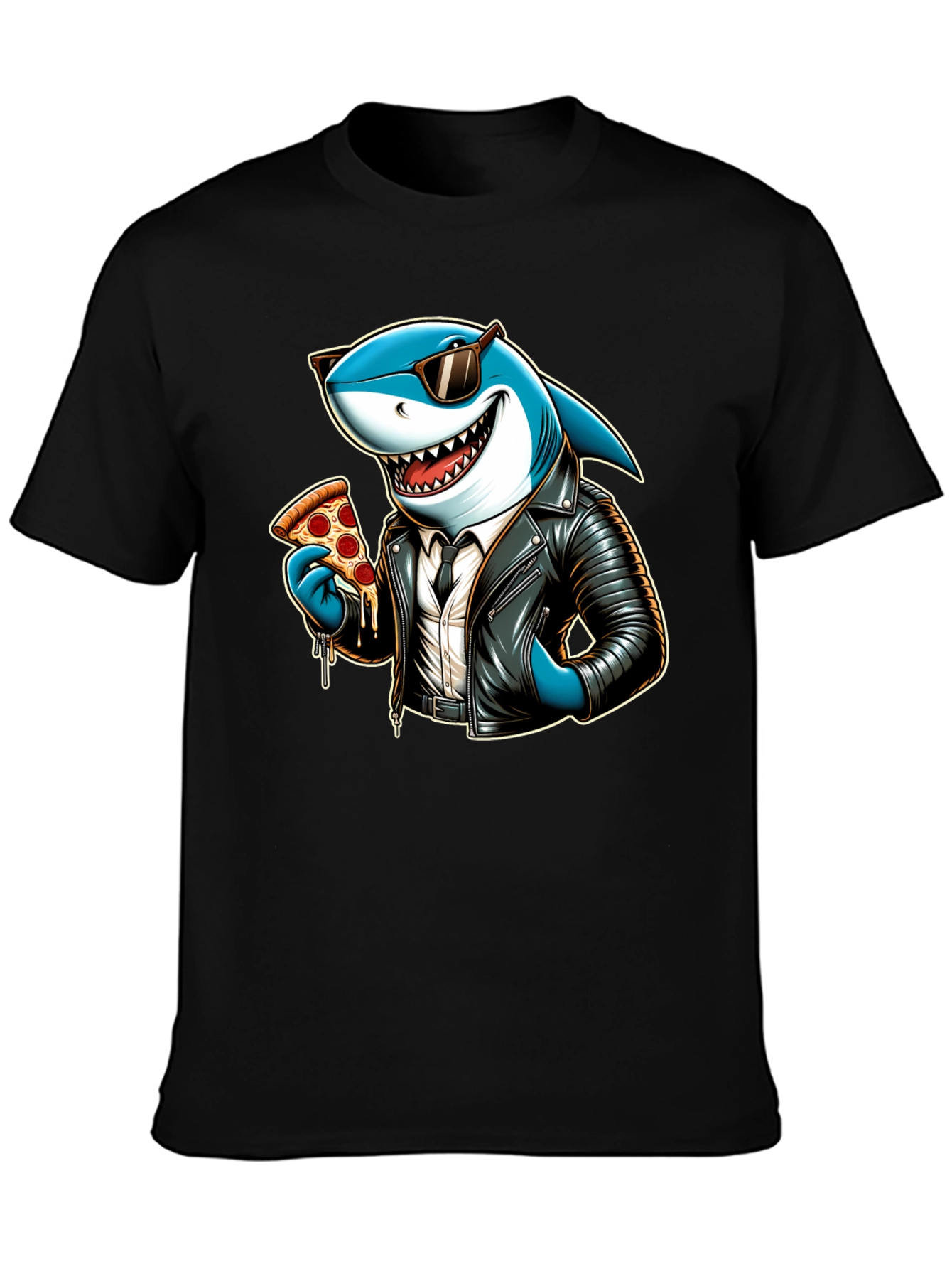 Black Cool Shark Pizza Graphic Tee view 3