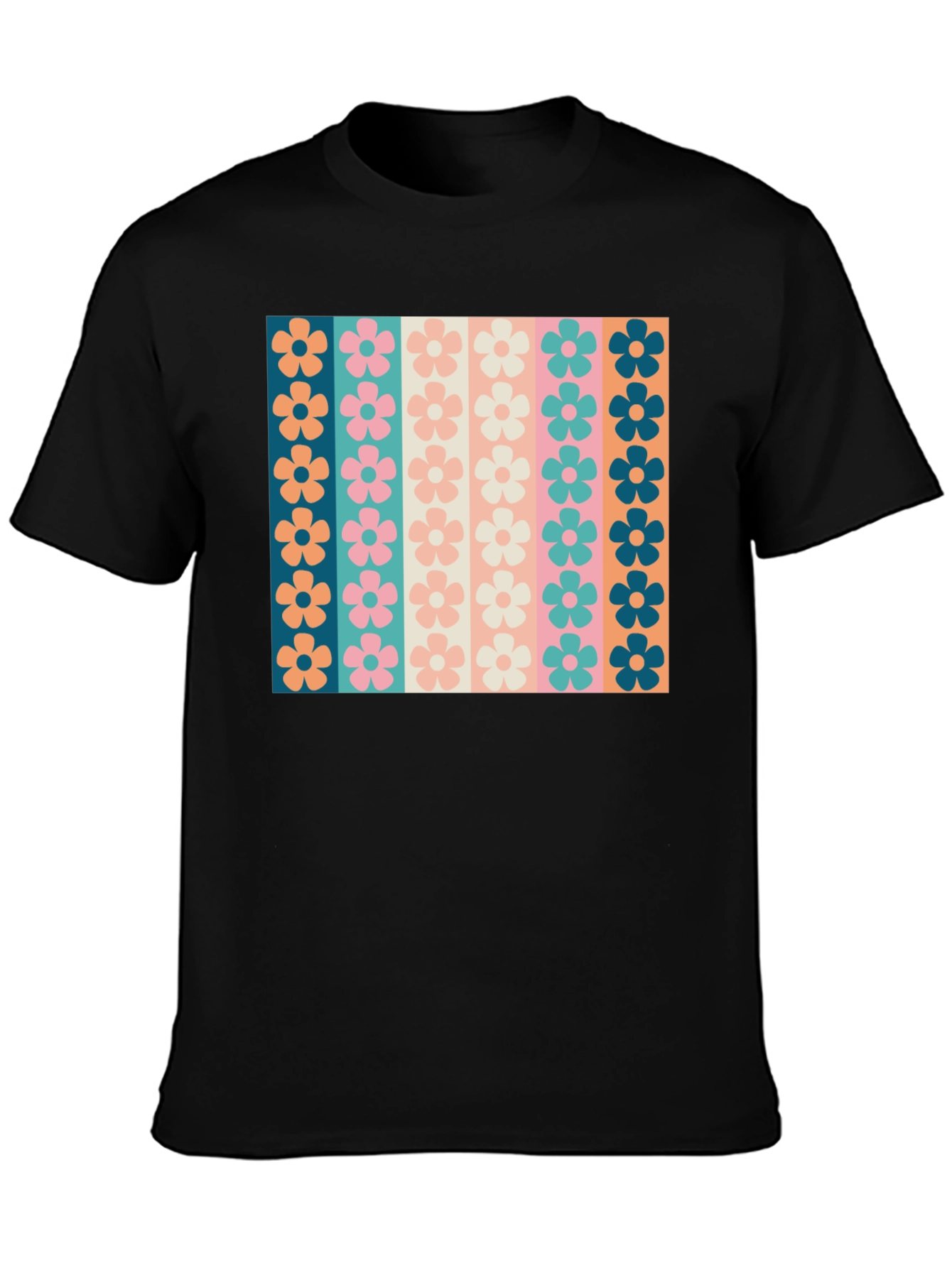 Black Retro Floral Stripe T-Shirt - Black Crew Neck Tee view 3