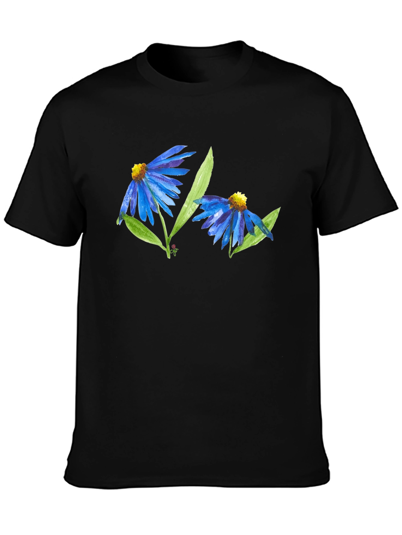 Black Blue Flower Graphic T-Shirt - Soft Cotton Blend view 3