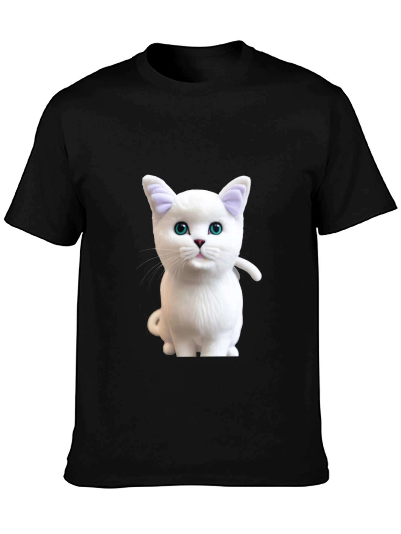 Black Cute White Cat Graphic Print Black T-Shirt view 3