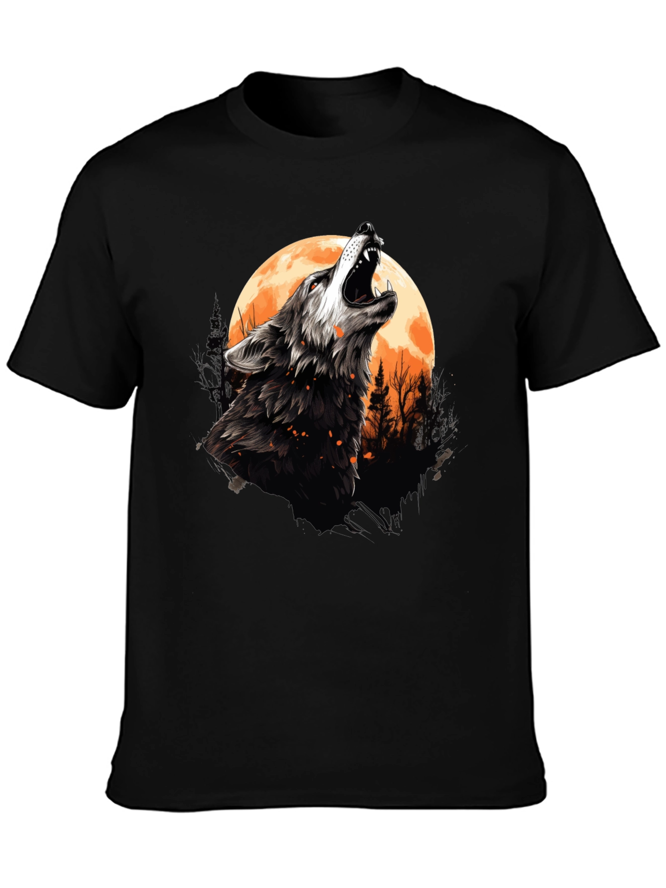 Black Wolf Howling at Moon Graphic Tee - Black Cotton view 3