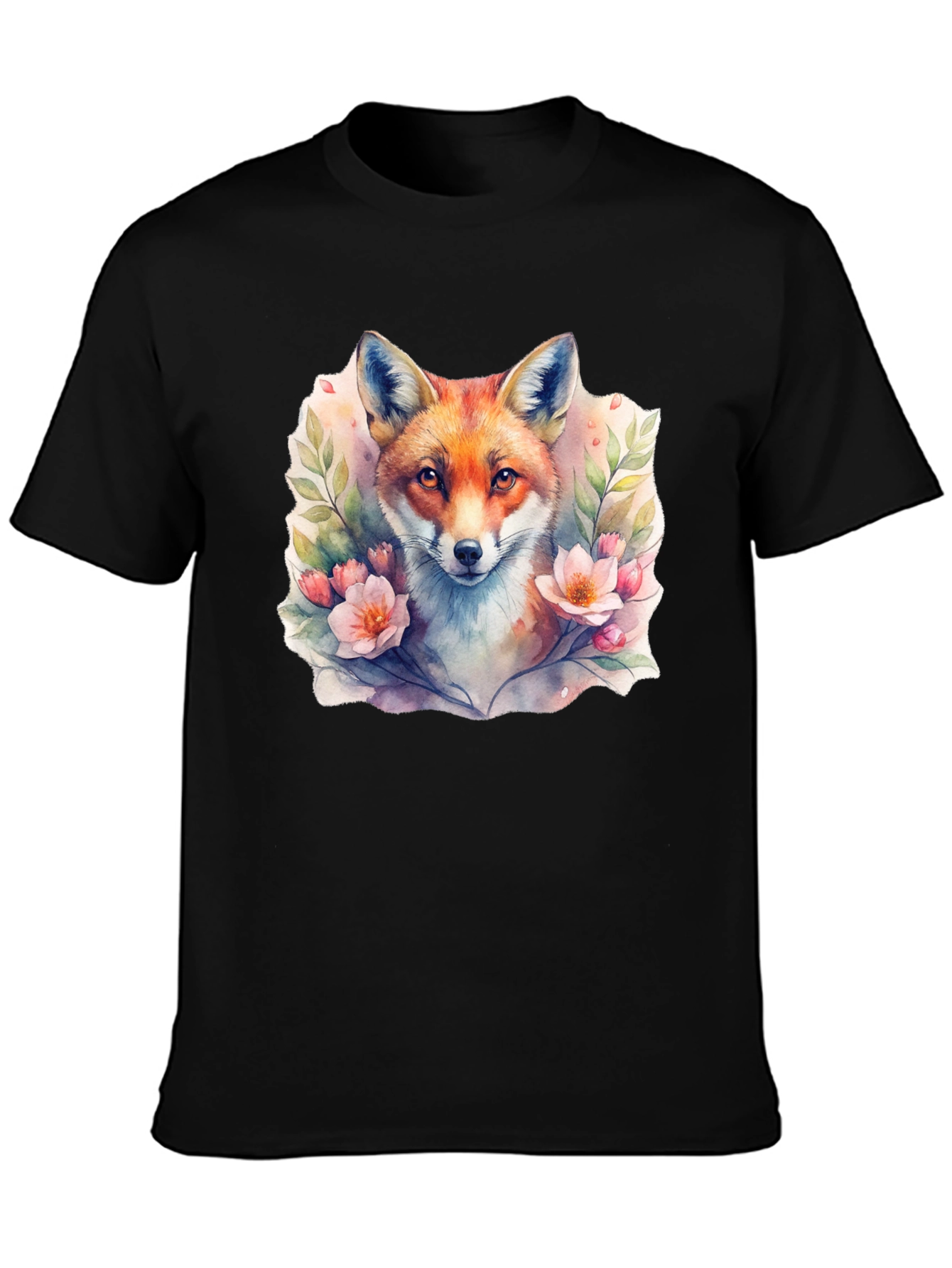 Black Fox Floral Watercolor Graphic Tee - Unisex Black T-Shirt view 3