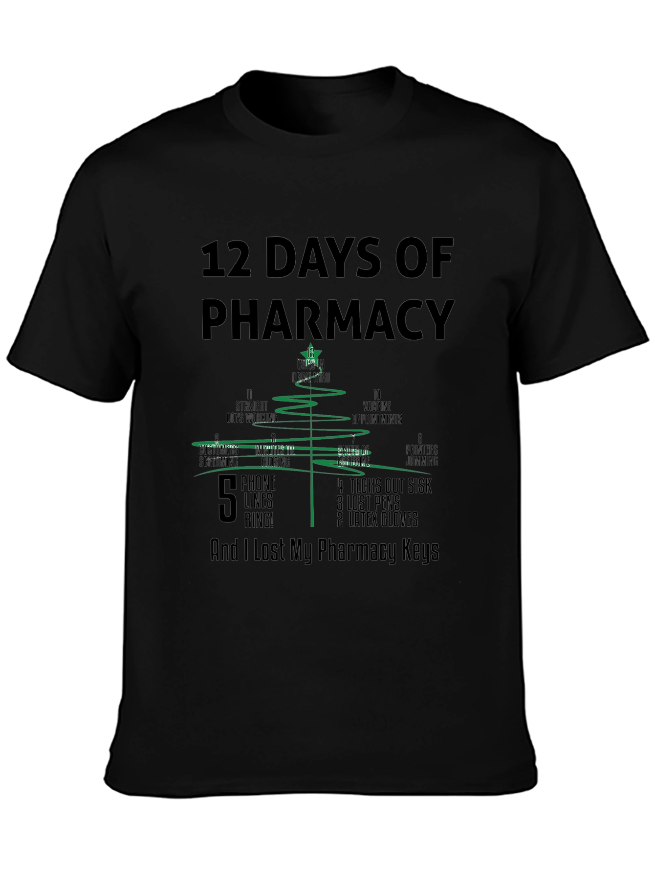 Black 12 Days of Pharmacy Christmas Tree T-Shirt view 3