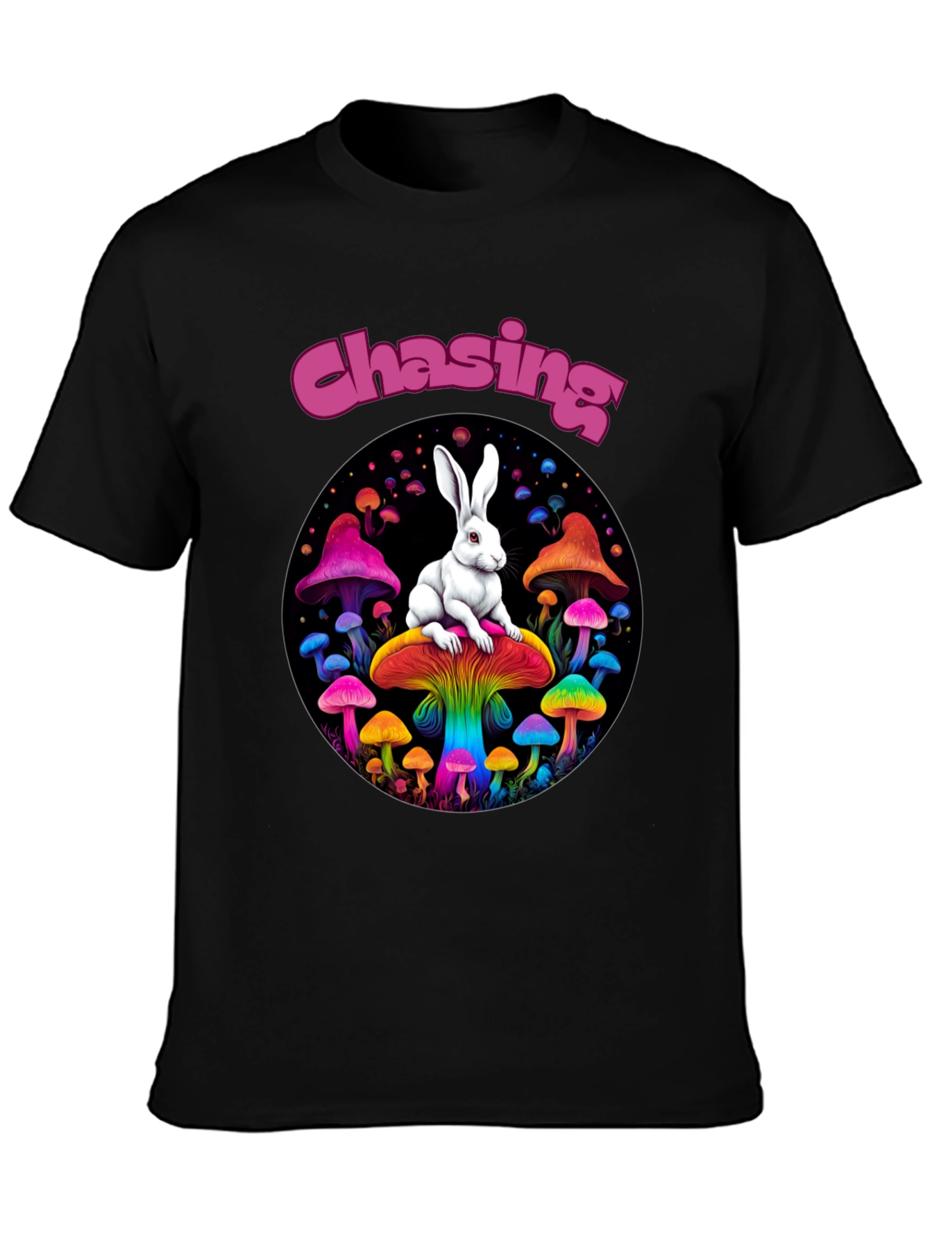 Black Chasing Rabbit Mushroom Graphic Tee view 3