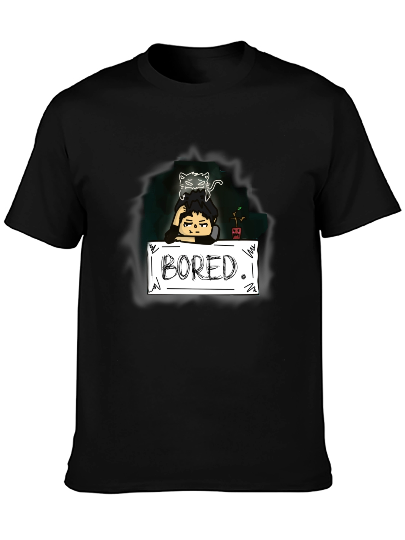 Black Bored Cat Graphic Tee - Black Cotton T-Shirt view 3
