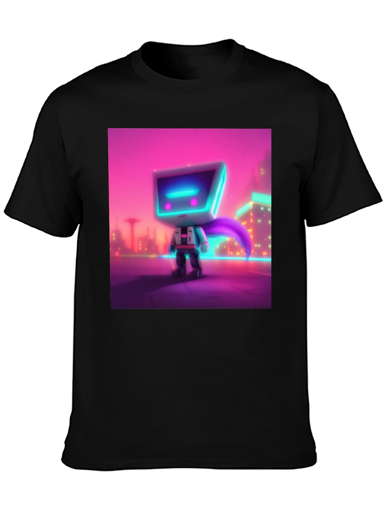 Black Cyberpunk Robot T-Shirt - Neon City Hero view 3