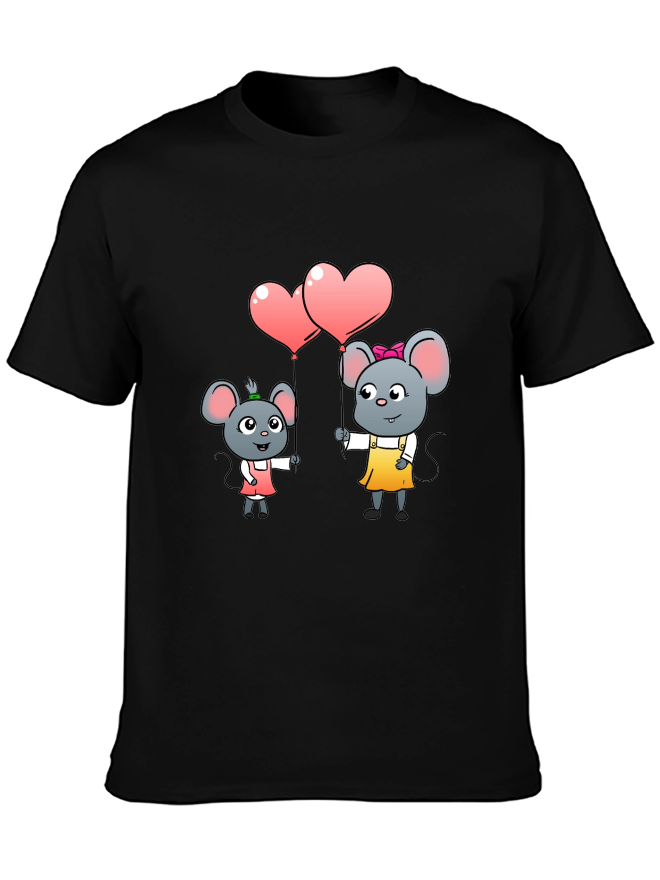 Black Cute Cartoon Mice Heart Balloons Graphic Tee view 3