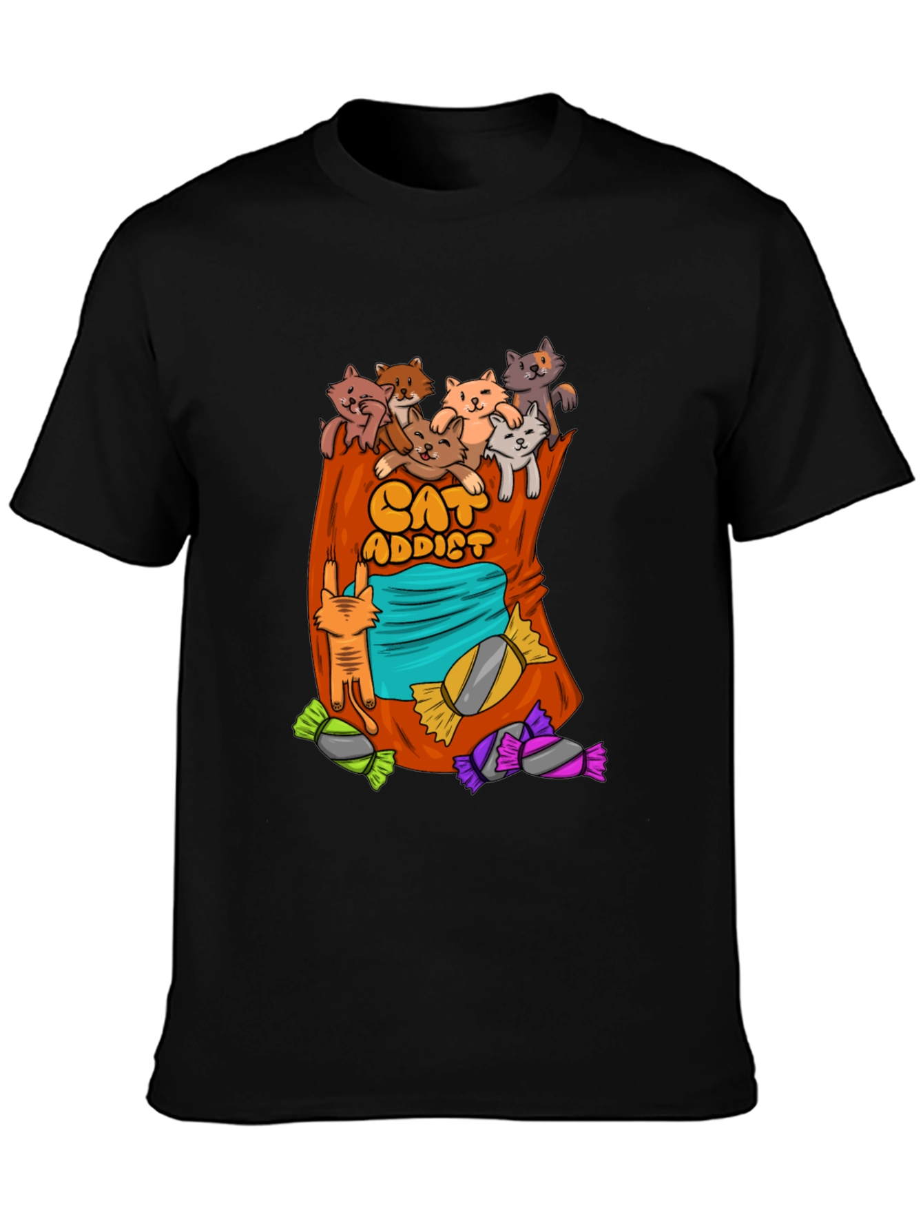 Black Cat Addict T-Shirt - Cartoon Cats & Candy! view 3