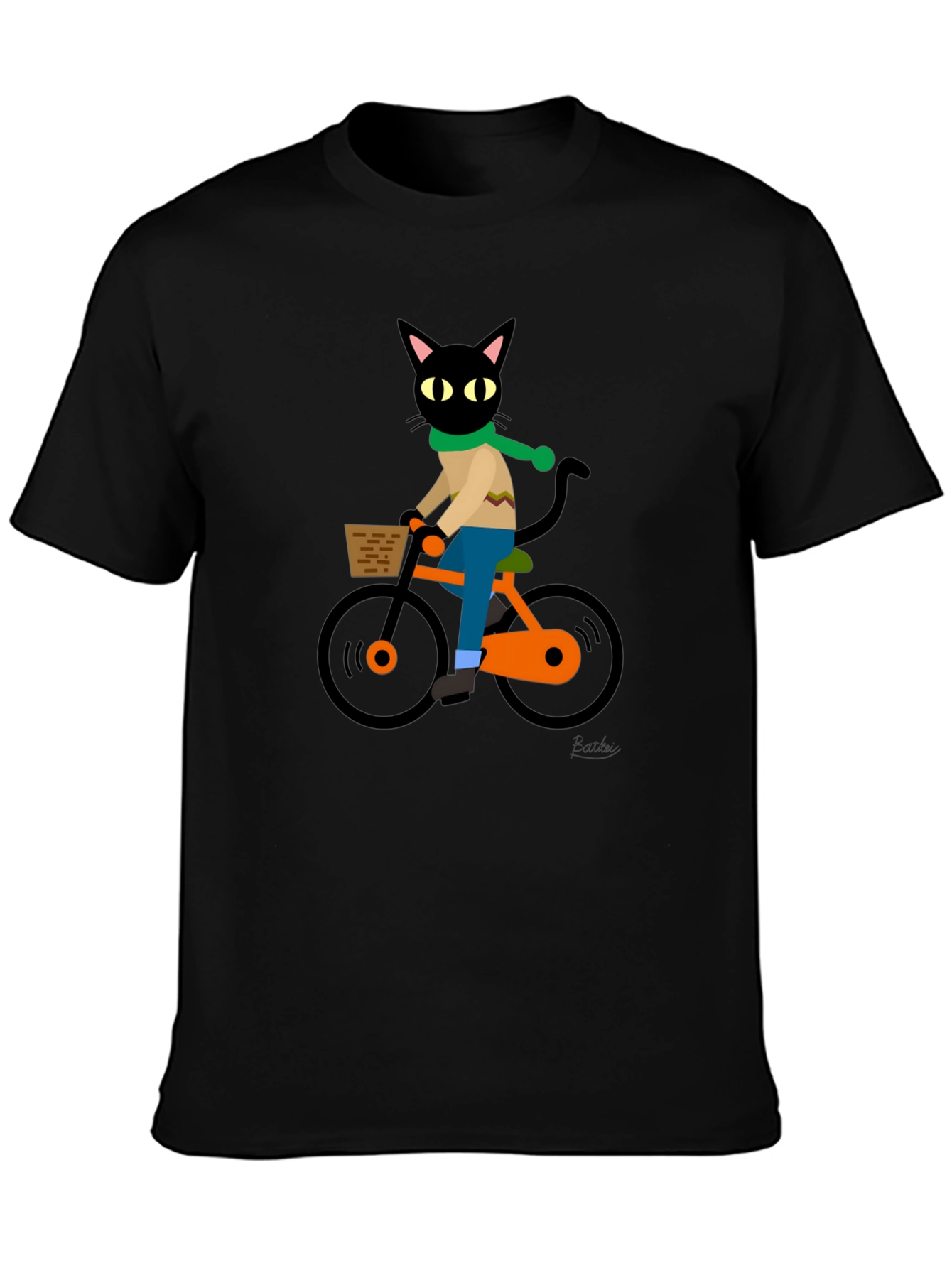 Black Cool Cat on Bike Graphic Tee - Black Cotton T-Shirt view 3