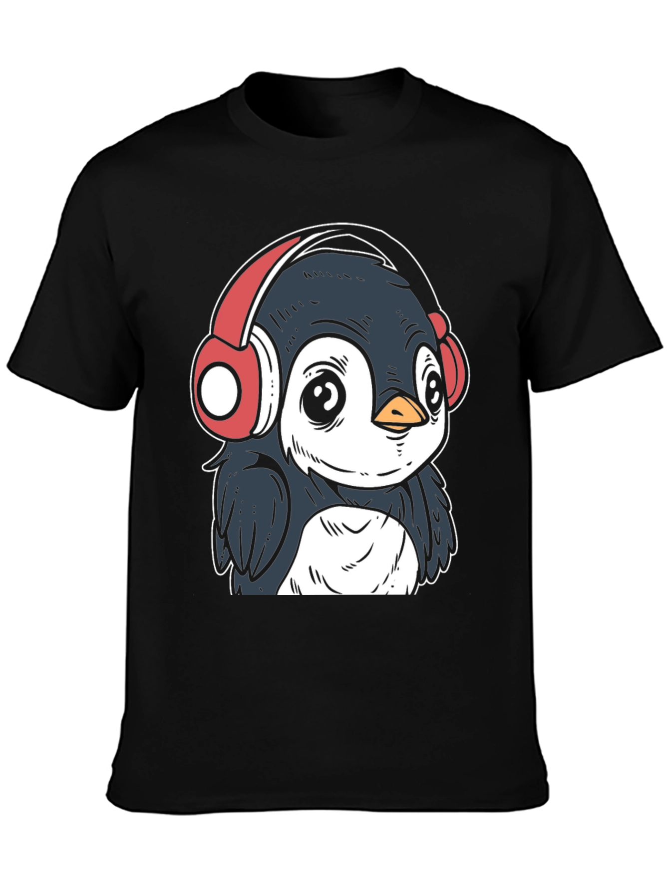 Black Penguin Headphones Graphic Tee - Cool Black T-Shirt view 3