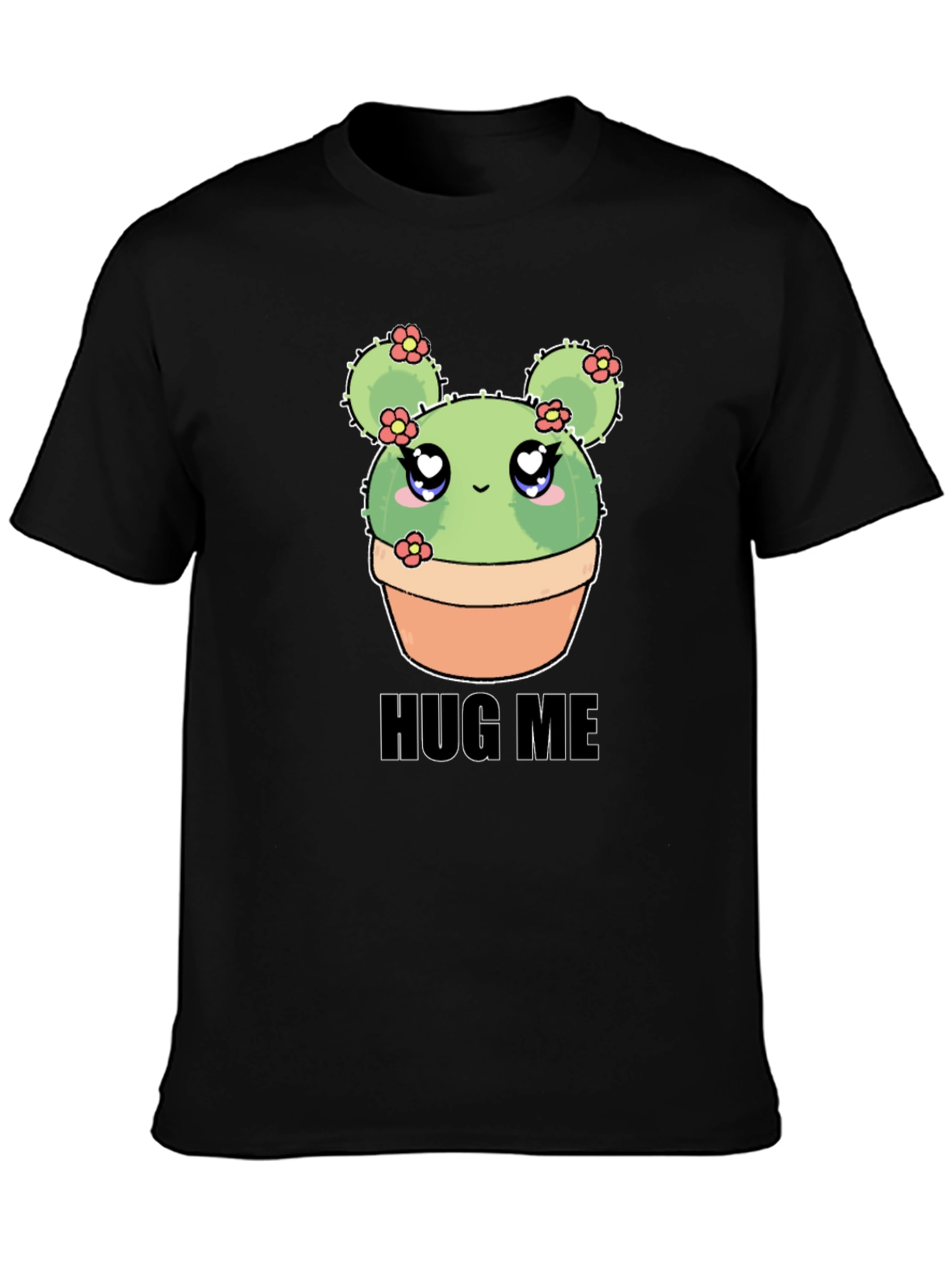 Black Cute Cactus Hug Me T-Shirt - Kawaii Plant Tee view 3