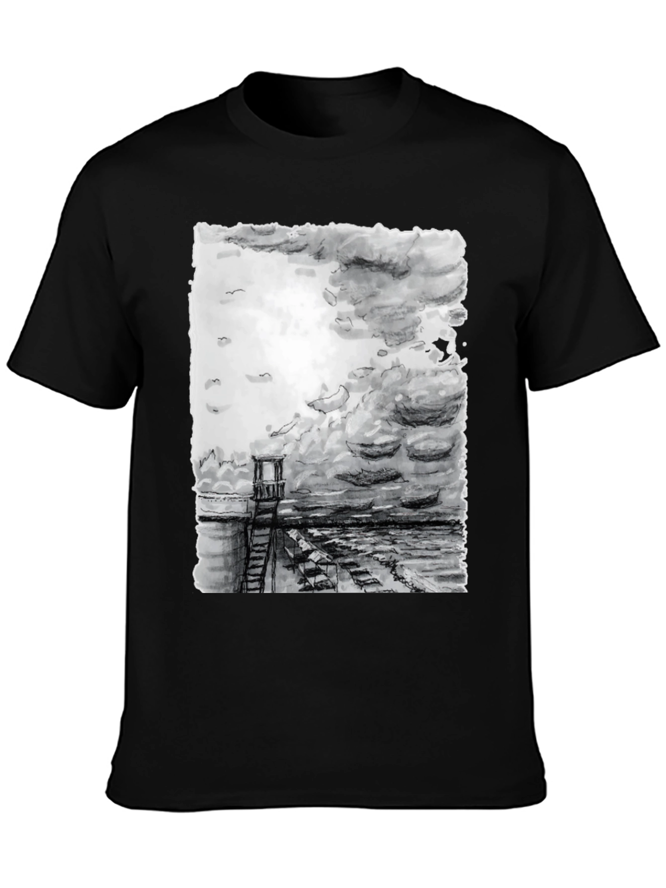 Black Monochrome Coastal Tower Graphic T-Shirt view 3